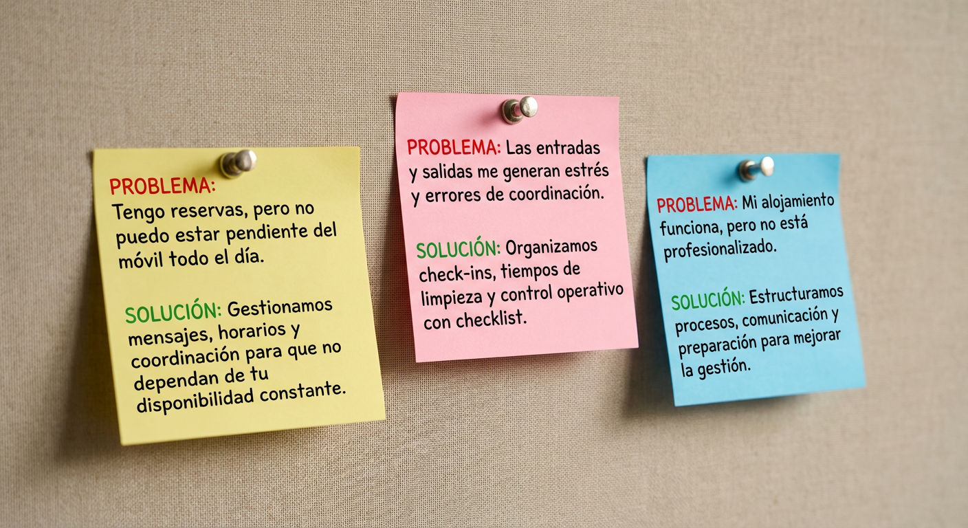 Tres notas de colores (amarilla, rosa y azul) pegadas en una pizarra con pinzas metálicas, cada una con texto en español sobre problemas y soluciones.