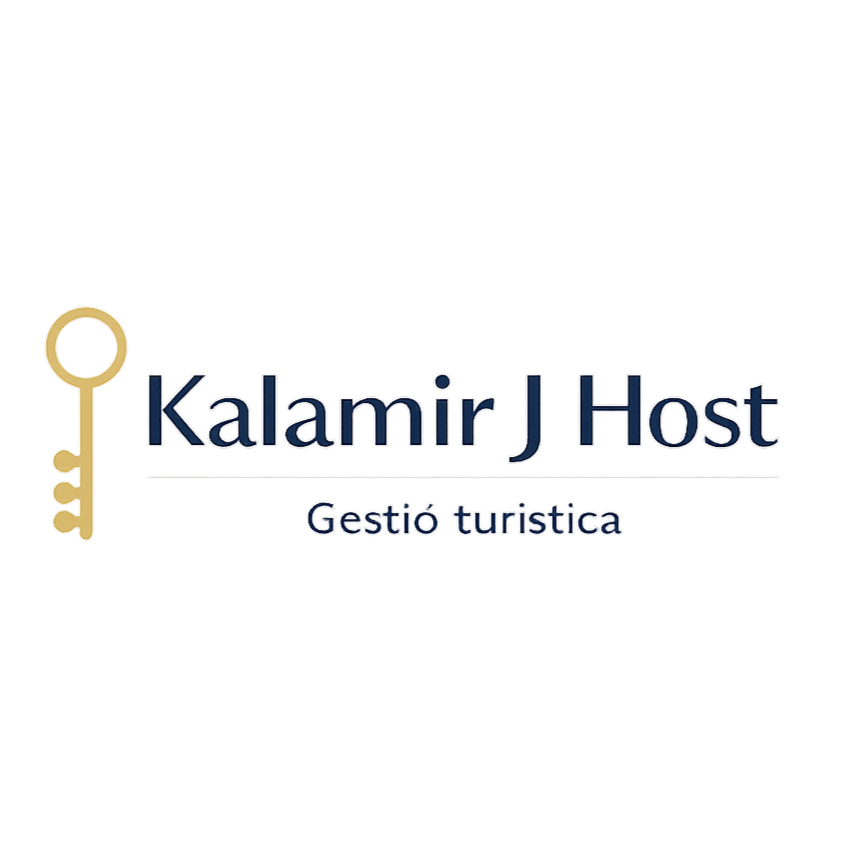 Logotipo de 'Kalamir J Host', una llave dorada, con texto en azul y gris que dice 'Gestio-turistica'.