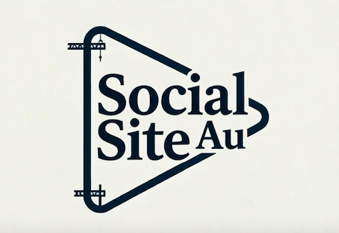 Graphic design with the text 'Social Site Au' and a stylized, industrial-looking shape.