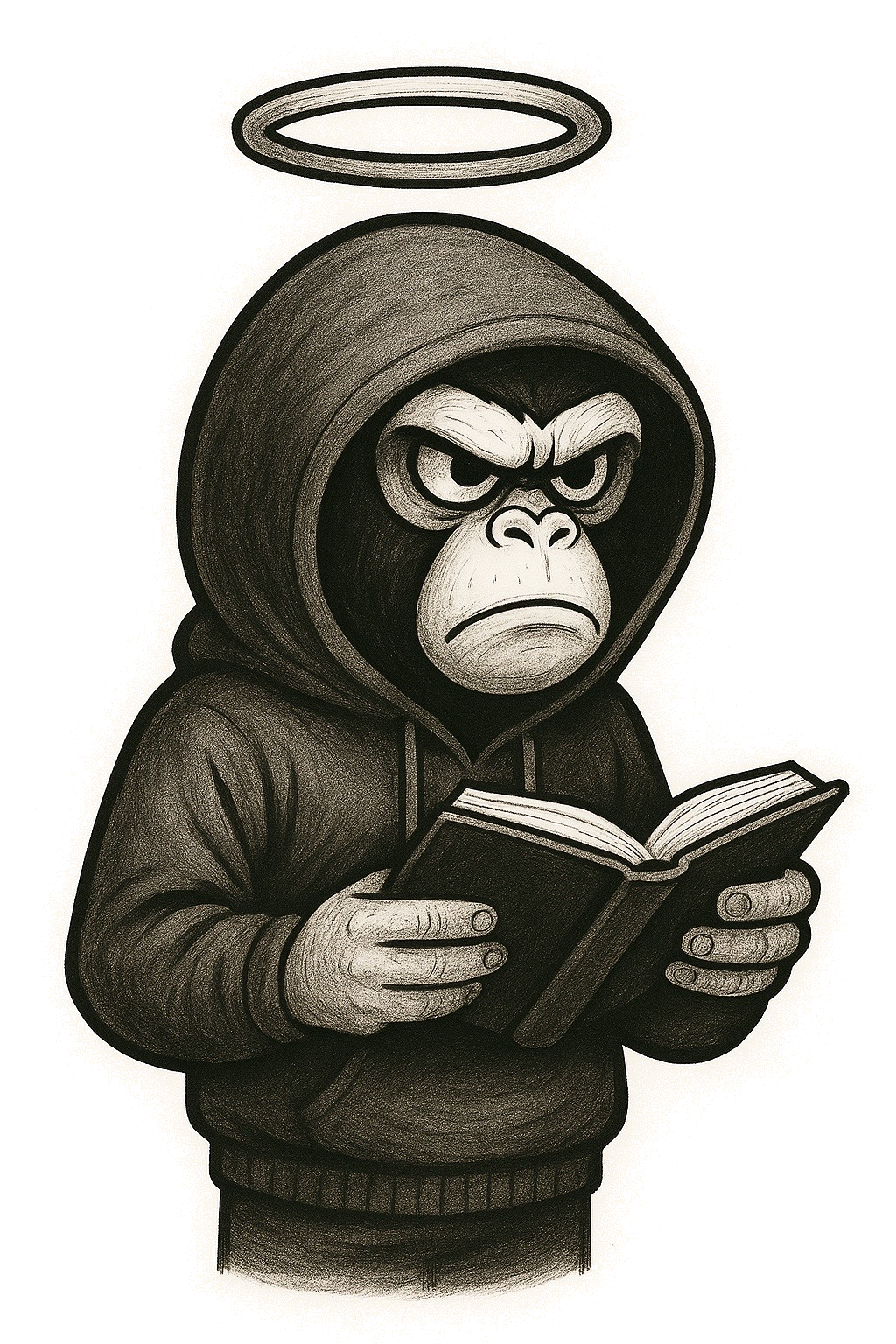 A black and white drawing of an angry gorilla wearing a hoodie, holding an open book, with a halo above its head.