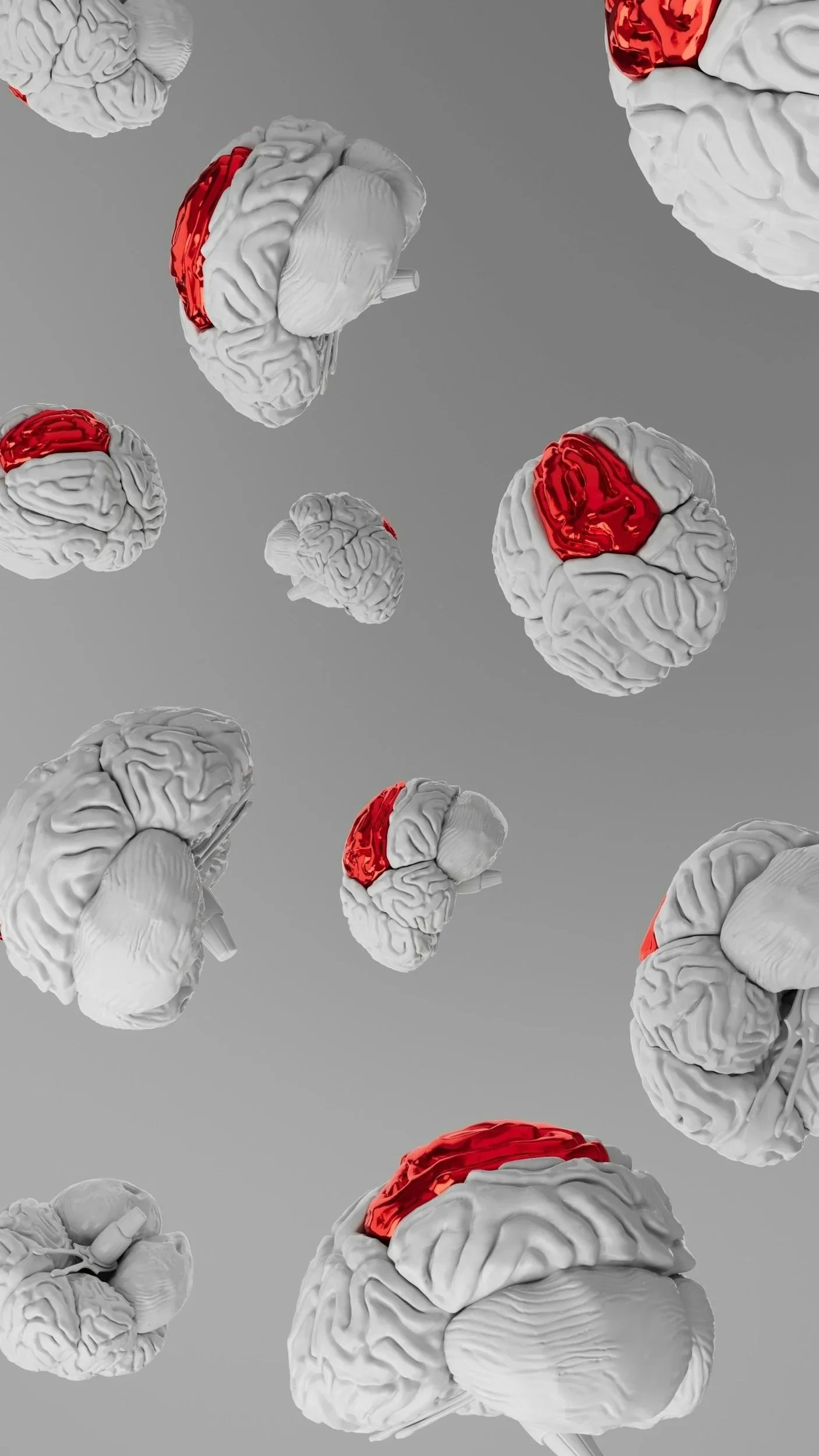 Multiple animated brains with red areas of brain activity floating against a gray background.