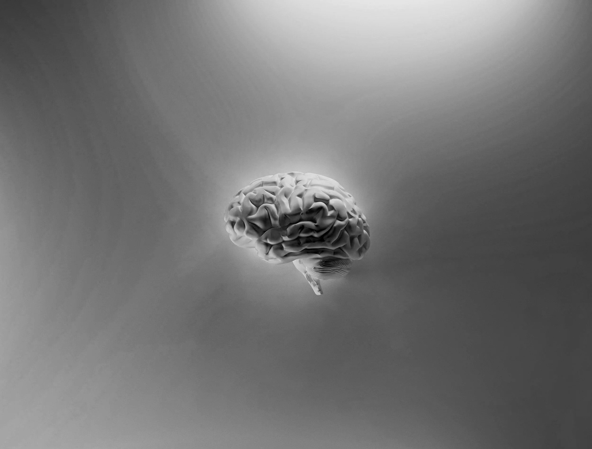 Black and white image of a human brain floating in mid-air, illuminated with a soft glow against a gradient background.