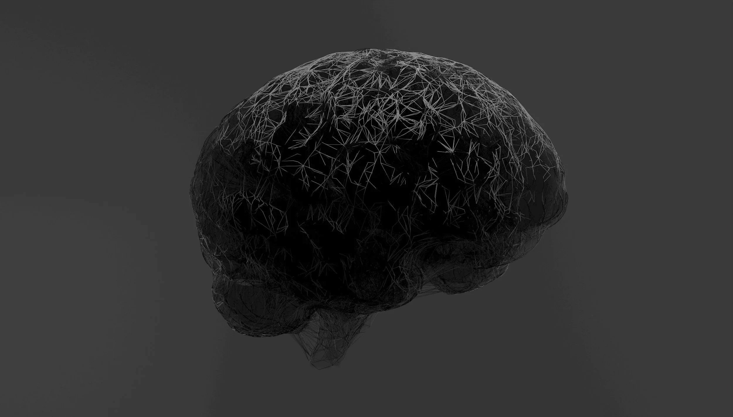 A digital wireframe model of a human brain against a dark background.