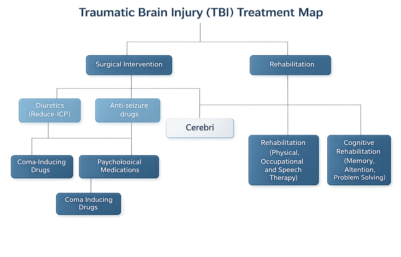 Traumatic Brain Injury (TBI) Treatment Map showing pathways for surgical intervention and rehabilitation, including medications, therapies, and specialized treatments.