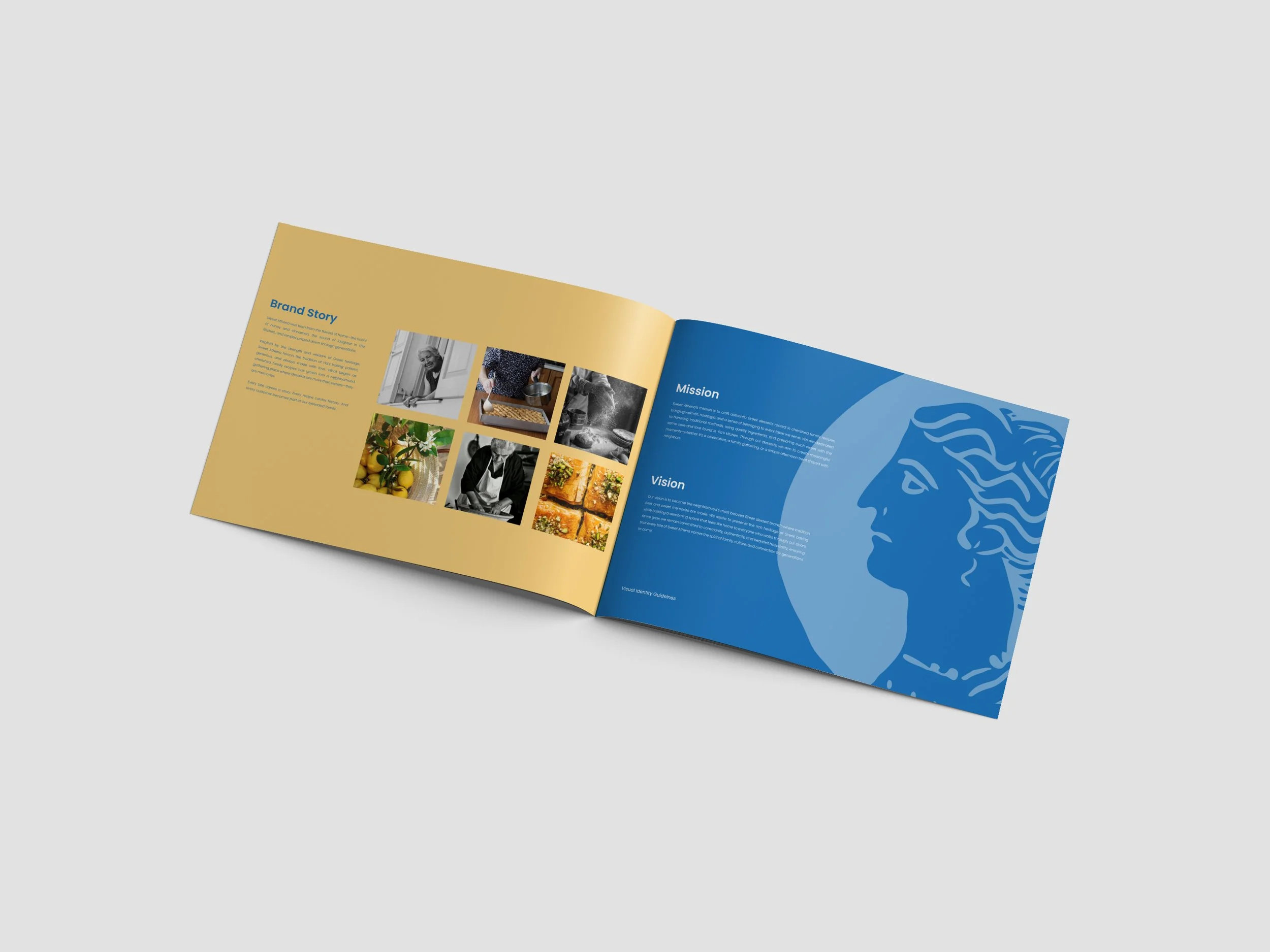 Open booklet showing pages with text, images, and blue design with a woman's profile silhouette.