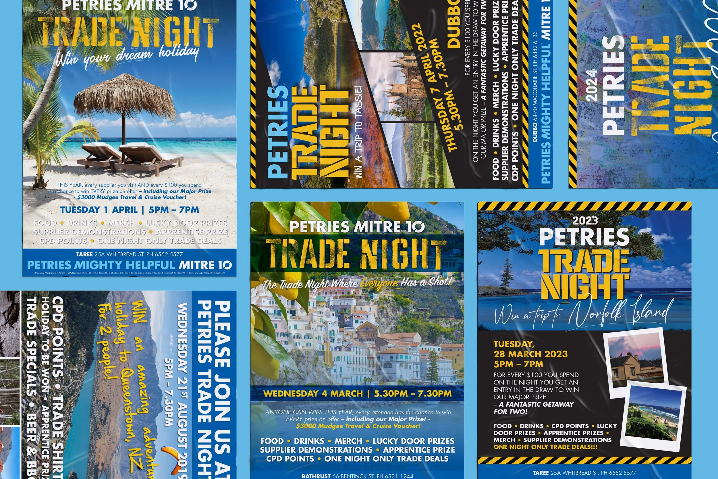 A collage of colorful flyers and posters advertising trade night events by Petries Mitre 10, featuring details about dates, times, prizes, and activities, with images of beaches, islands, and travel destinations.