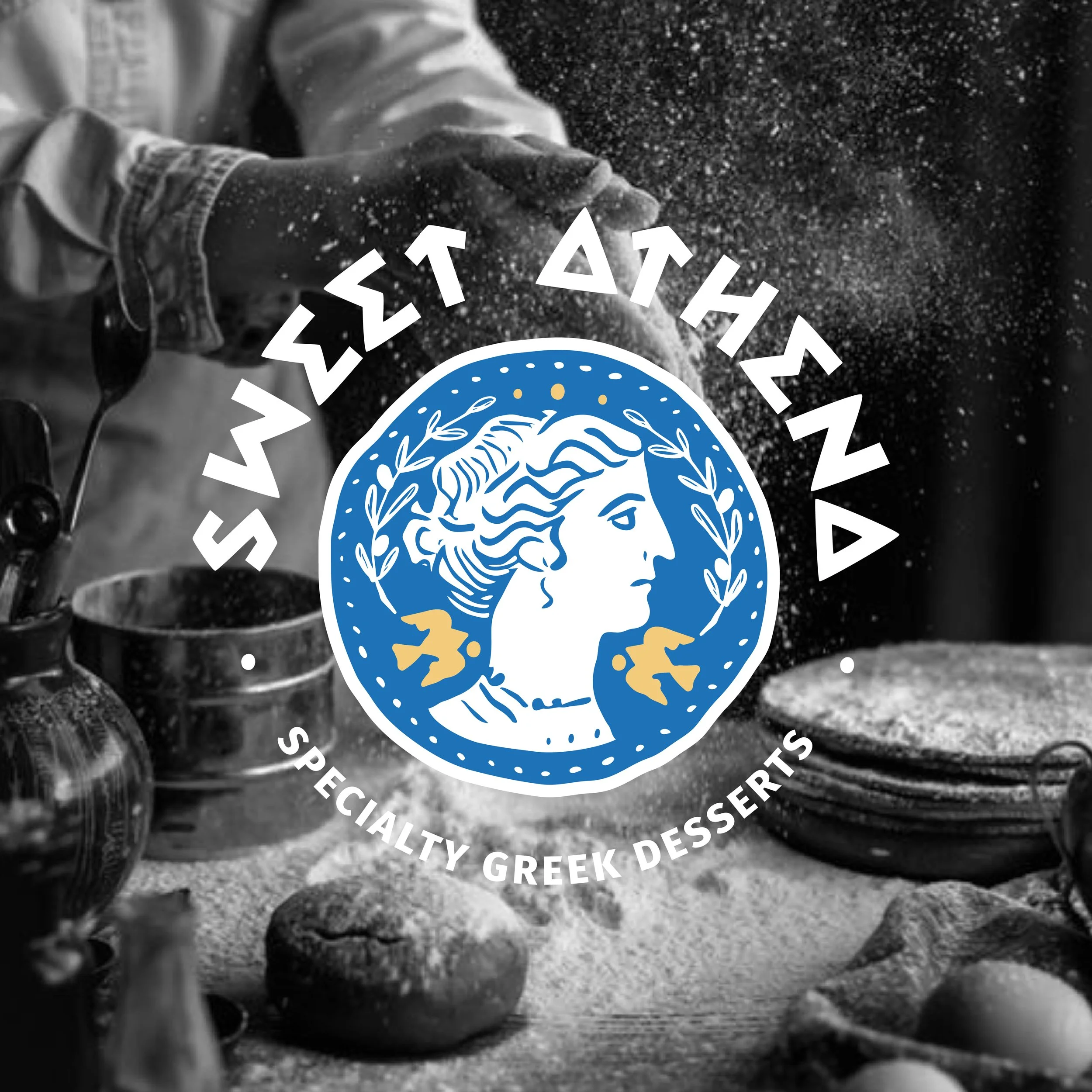 Black and white photo of a person dusting flour on a surface with dough or bread, with various baking tools and ingredients nearby. Superimposed logo of a Greek goddess's profile with the text "Sweet Athena" and "Specialty Greek Desserts".