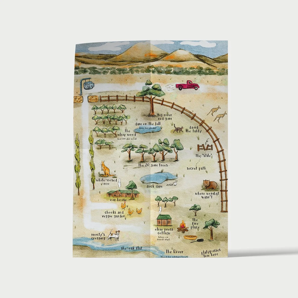 Illustrated map of a farm with labeled areas including a house, vegetable garden, duck pond, gum trees, river, and animals such as a horse, a wombat, and a dog, along with paths and features like a fire place and picnic area.