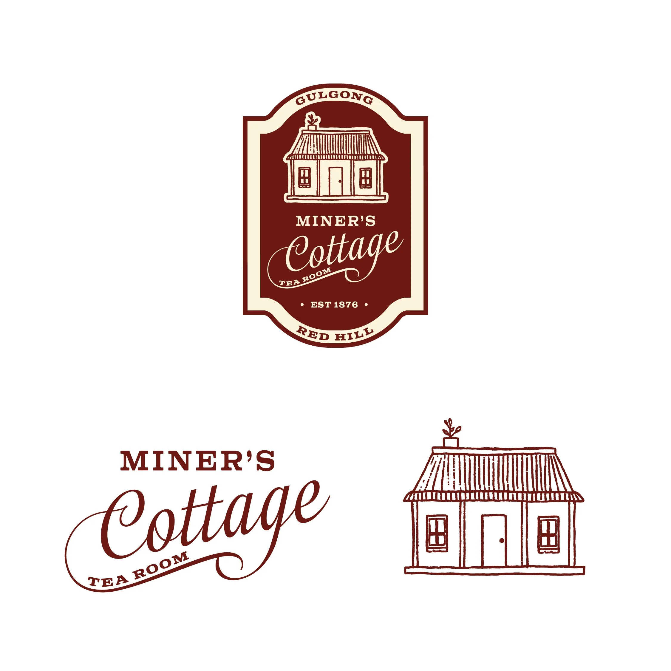 A logo for Gulgong Miner's Cottage Tea Room with an illustration of a cottage and text indicating its location in Red Hill, established in 1876.