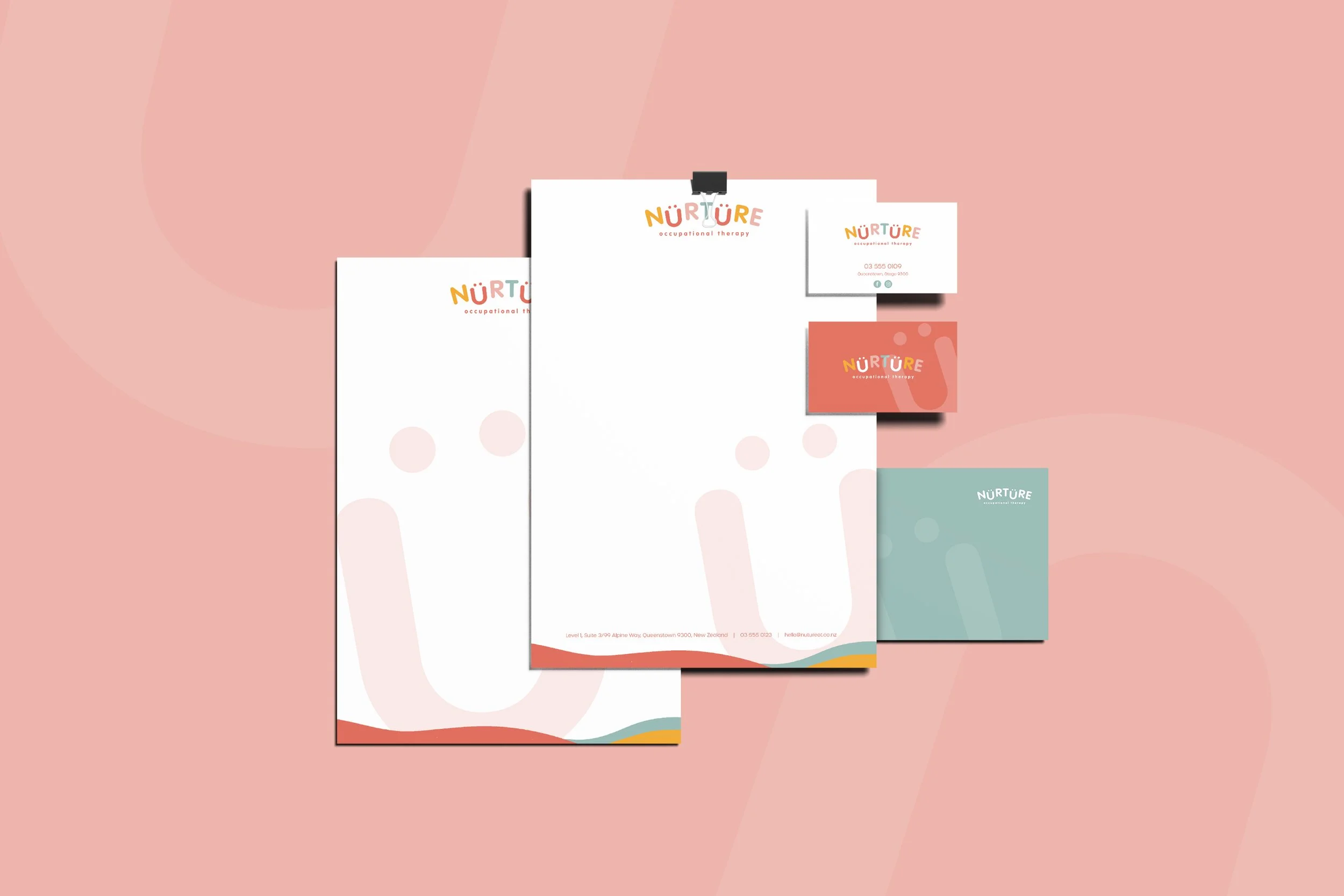 Set of branding and marketing materials for Nurture occupational therapy practice, including letterhead, business card, and folders, arranged on a pink background with a soft, abstract pattern.
