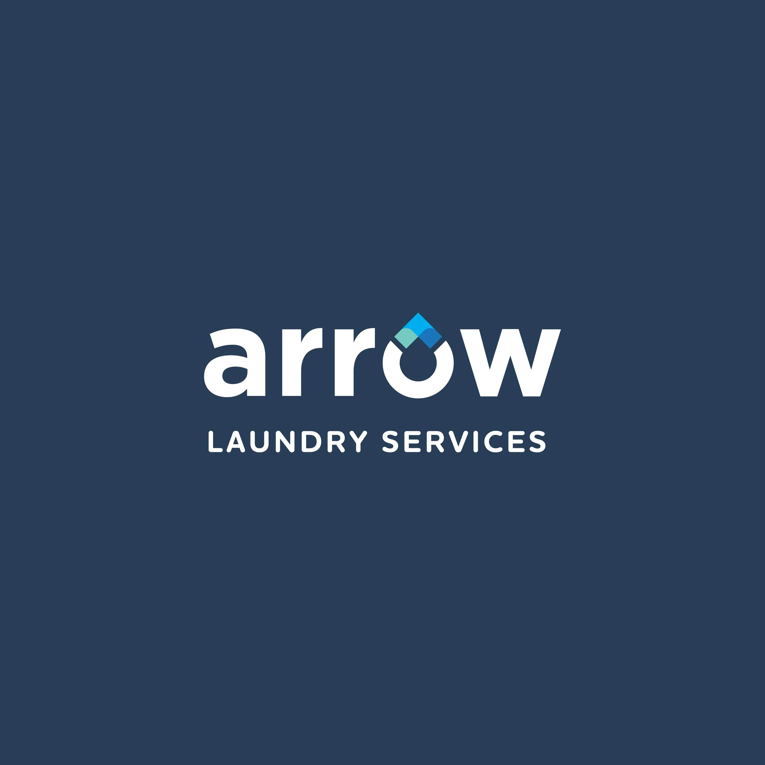 Arrow Laundry Services logo with a stylized arrow incorporated into the letter 'o' in white, blue, and teal on a dark blue background.
