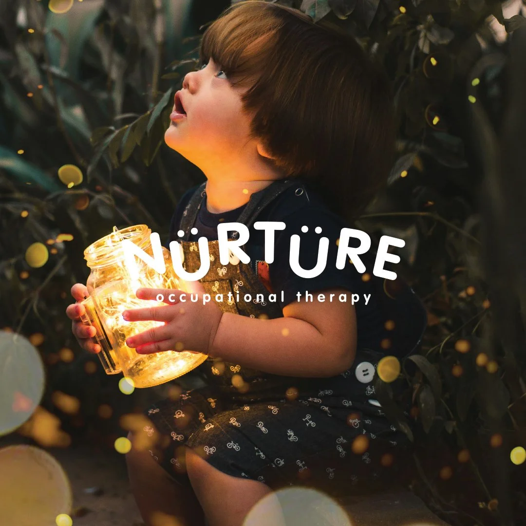 A young child with brown hair, looking up with curiosity, holding a glowing jar filled with yellow light, surrounded by dark foliage, with the text 'NÜRTÜRE occupational therapy' overlaid.
