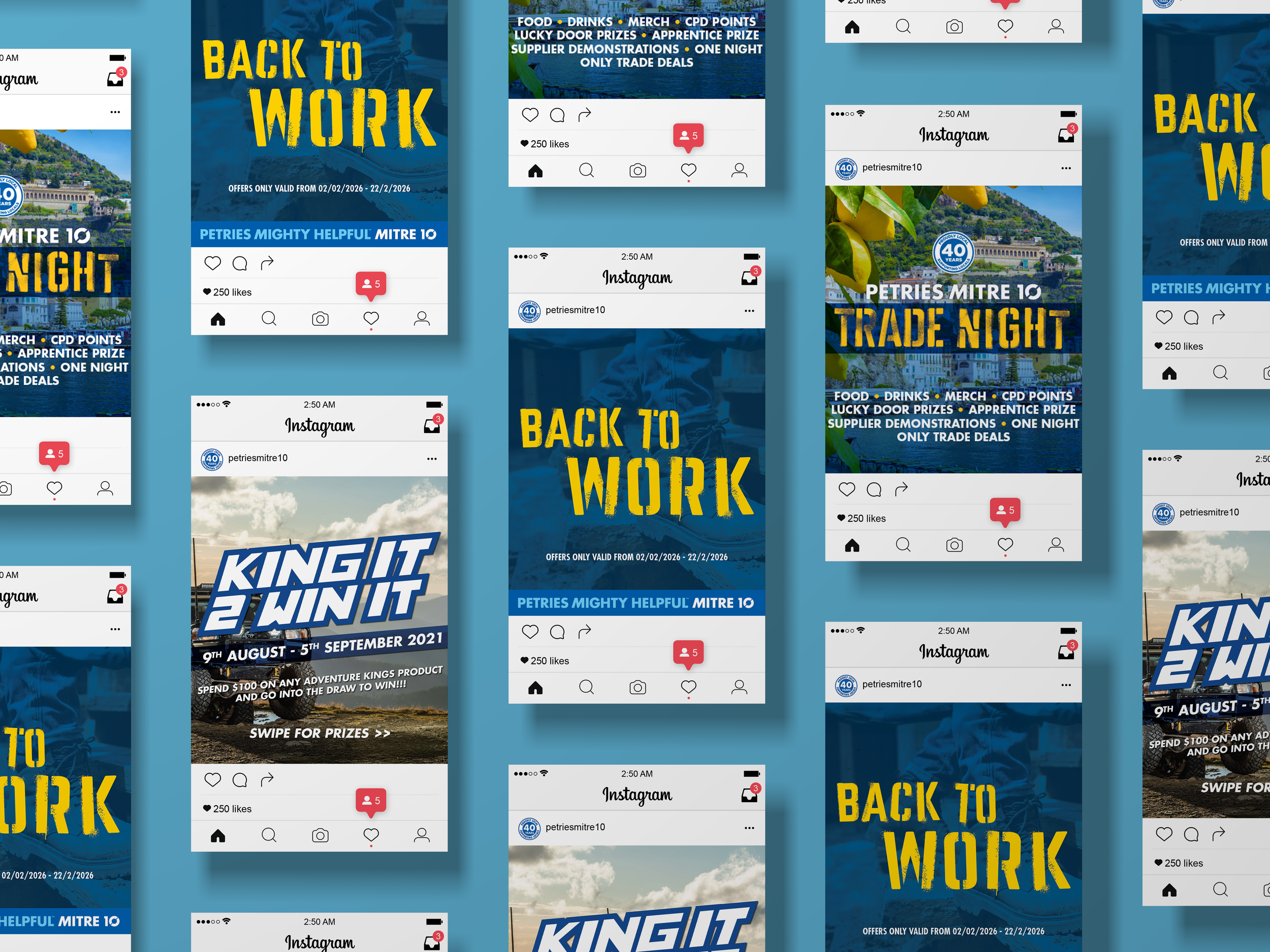 A collage of social media posts advertising a back to work event and a promotional contest. The event features food, drinks, merchandise, CPD points, and door prizes, scheduled for February 2 to February 22, 2026. The contest promises a chance to win