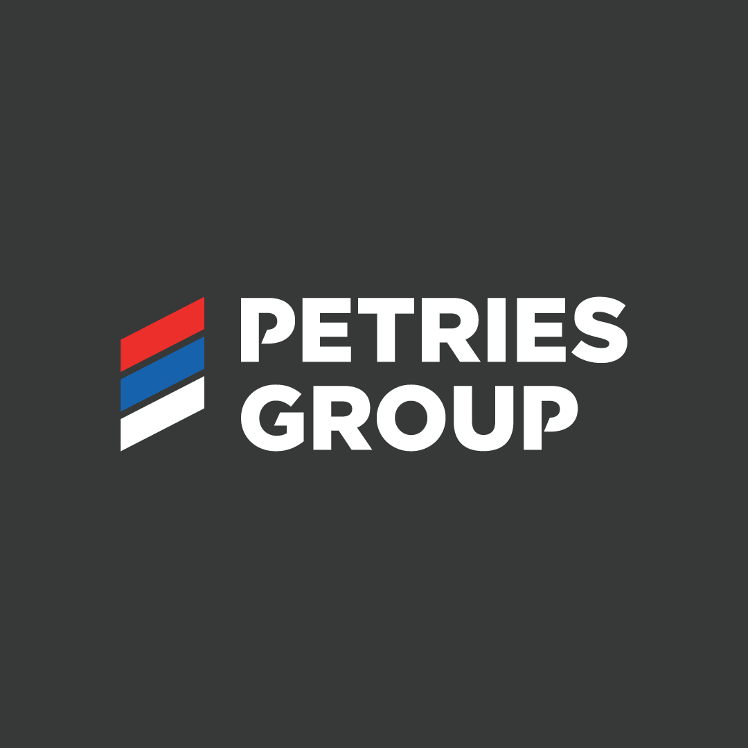 Petras Group logo with a stylized design in red, blue, and white on a dark background.