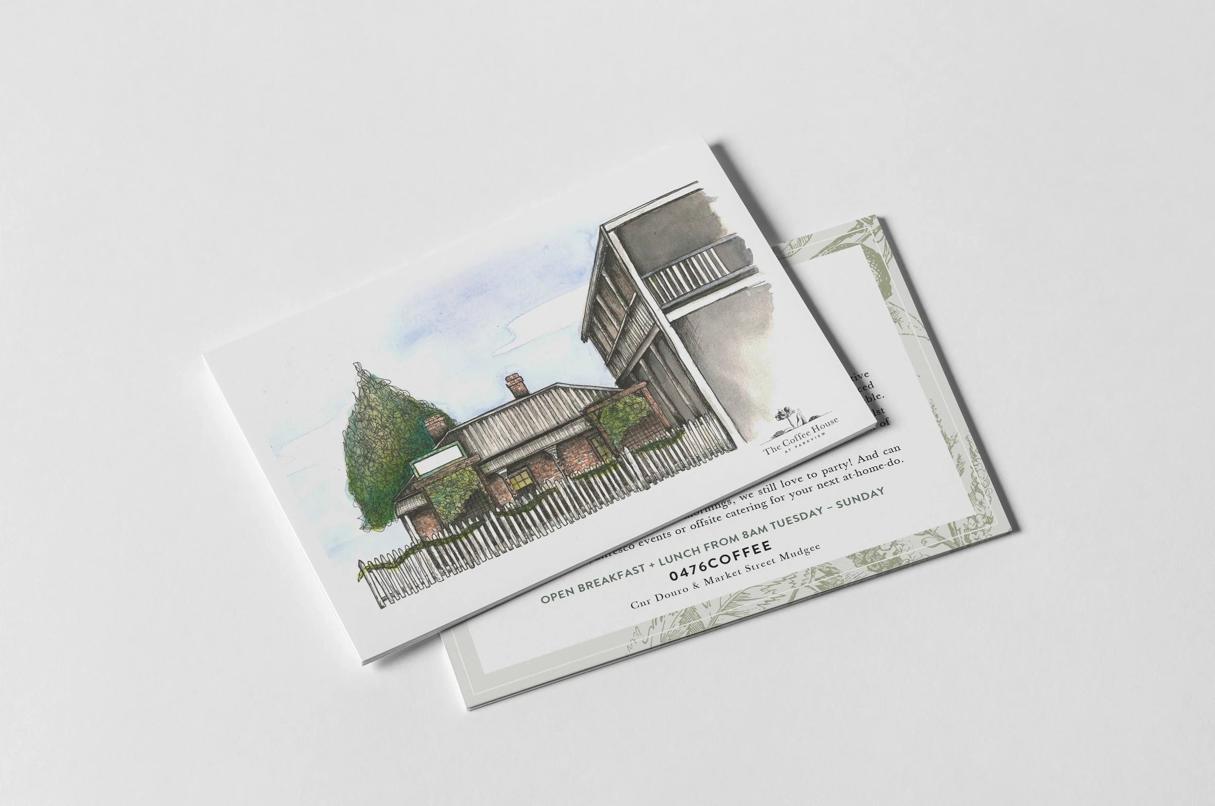 Illustration of a rustic building resembling a cafe or house with trees, set against a light blue sky.