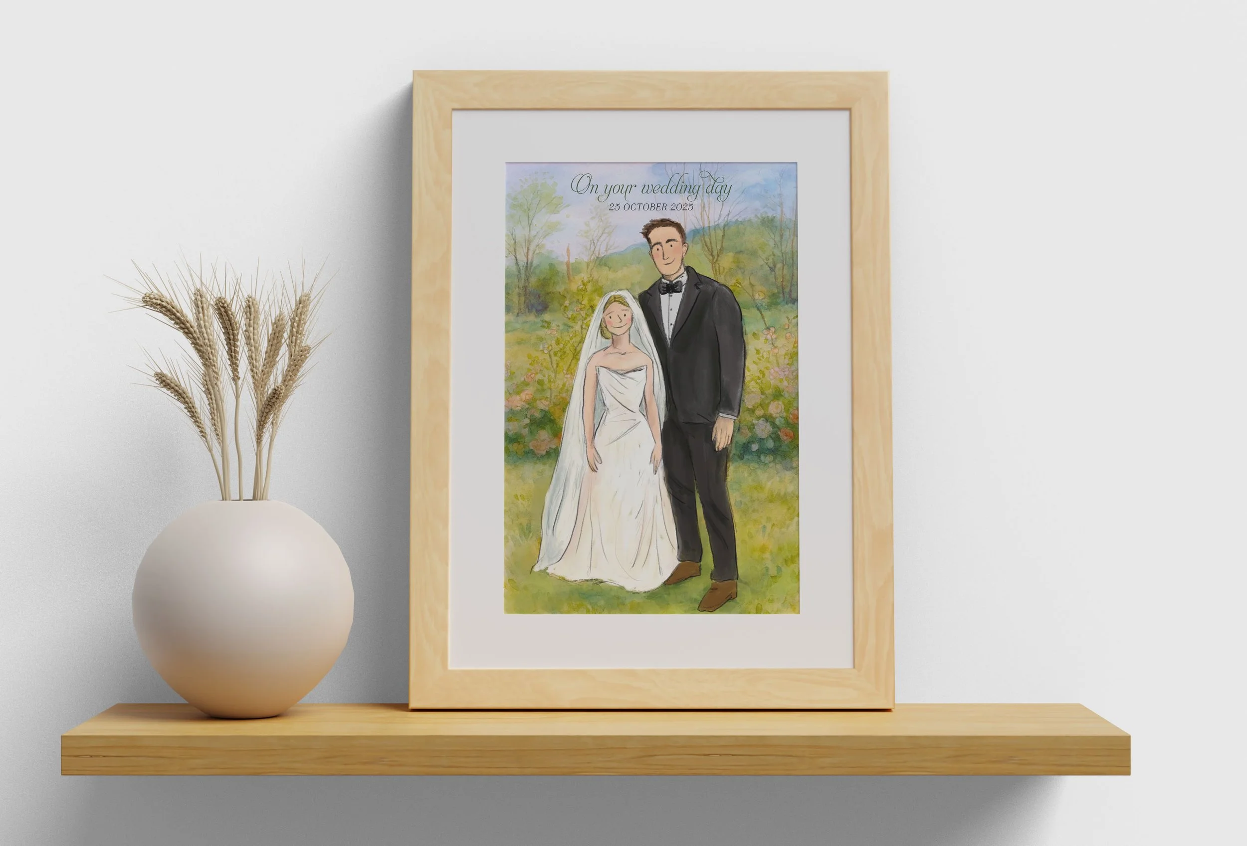 A framed watercolor wedding illustration of a bride and groom standing outdoors with trees and flowers in the background, placed on a wooden shelf next to a vase of dried wheat stalks.