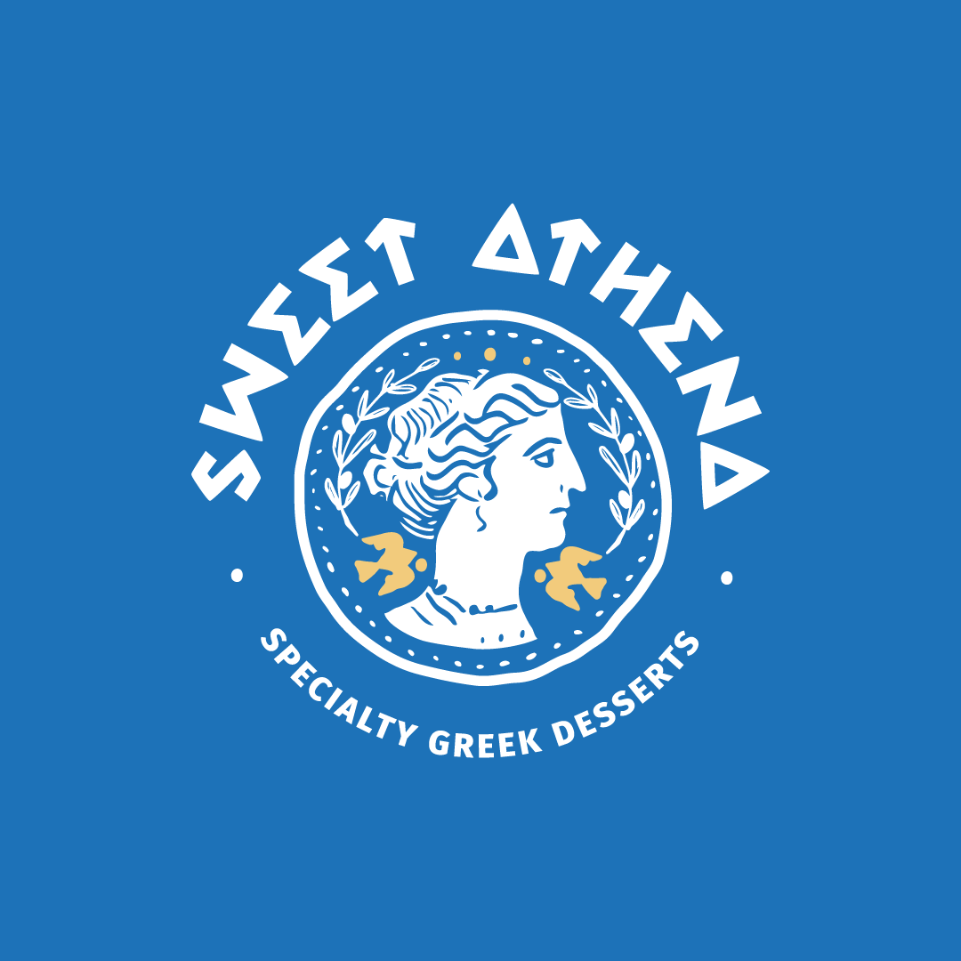 Logo for Sweet Athena, a Greek dessert shop. The logo features a Greek-style profile of Athena, surrounded by wheat and olive branches, with the text 'Sweet Athena' and 'Specialty Greek Desserts' on a blue background.