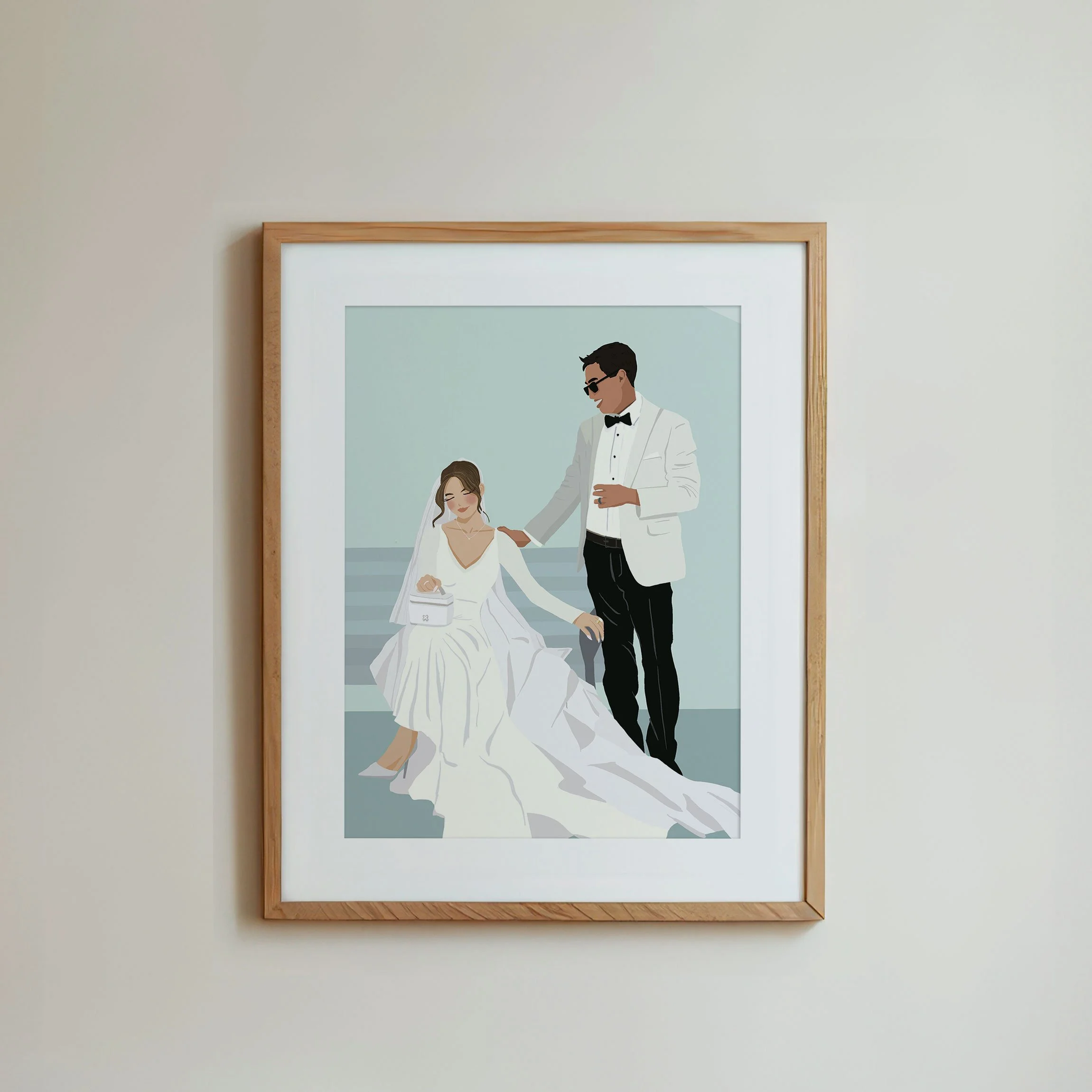 Illustration of a bride and groom on their wedding day, with the bride sitting and the groom standing next to her, both dressed in wedding attire.