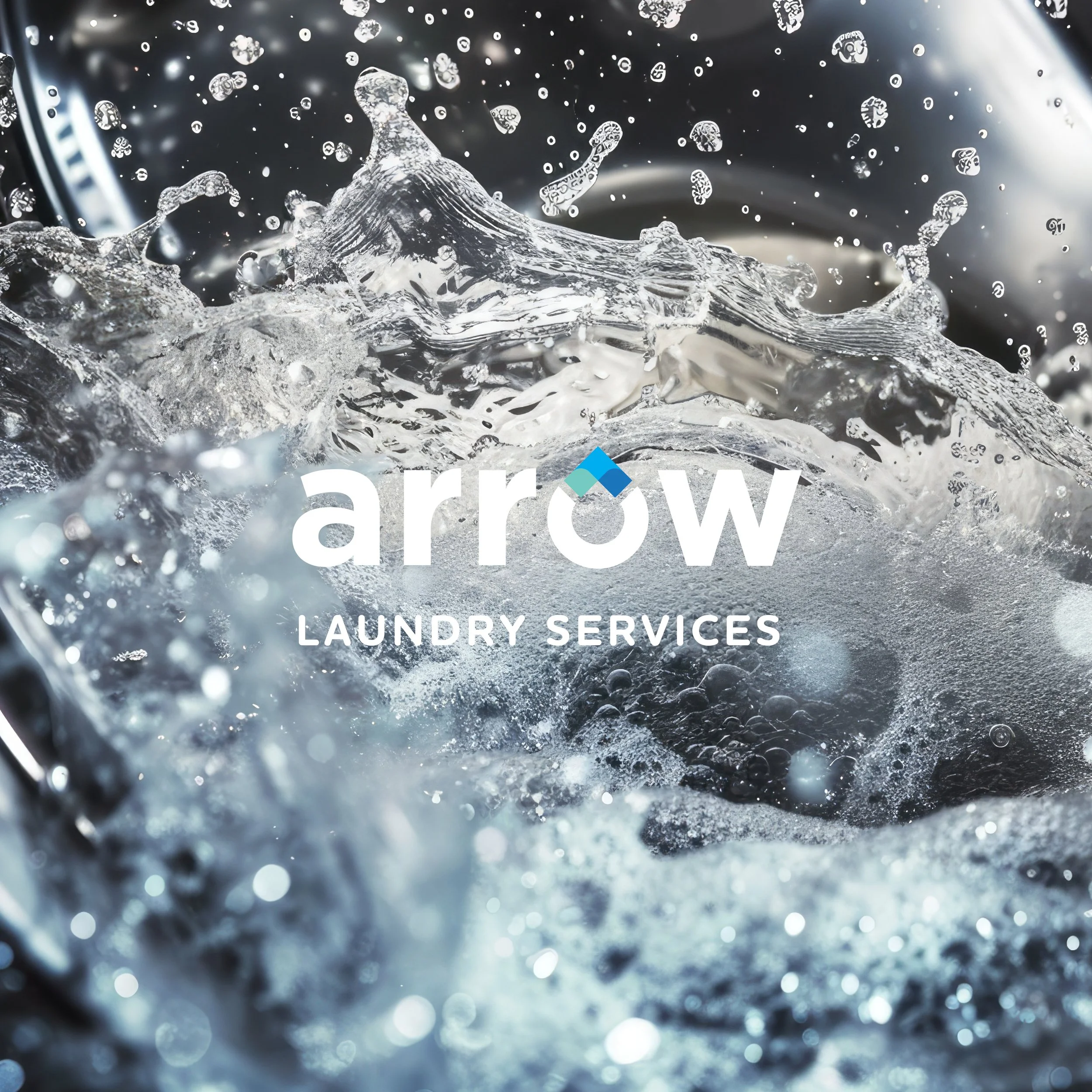 A close-up shot of water splashing and bubbling, with a laundry service company's logo that reads 'arrow LAUNDRY SERVICES' overlayed on the image.