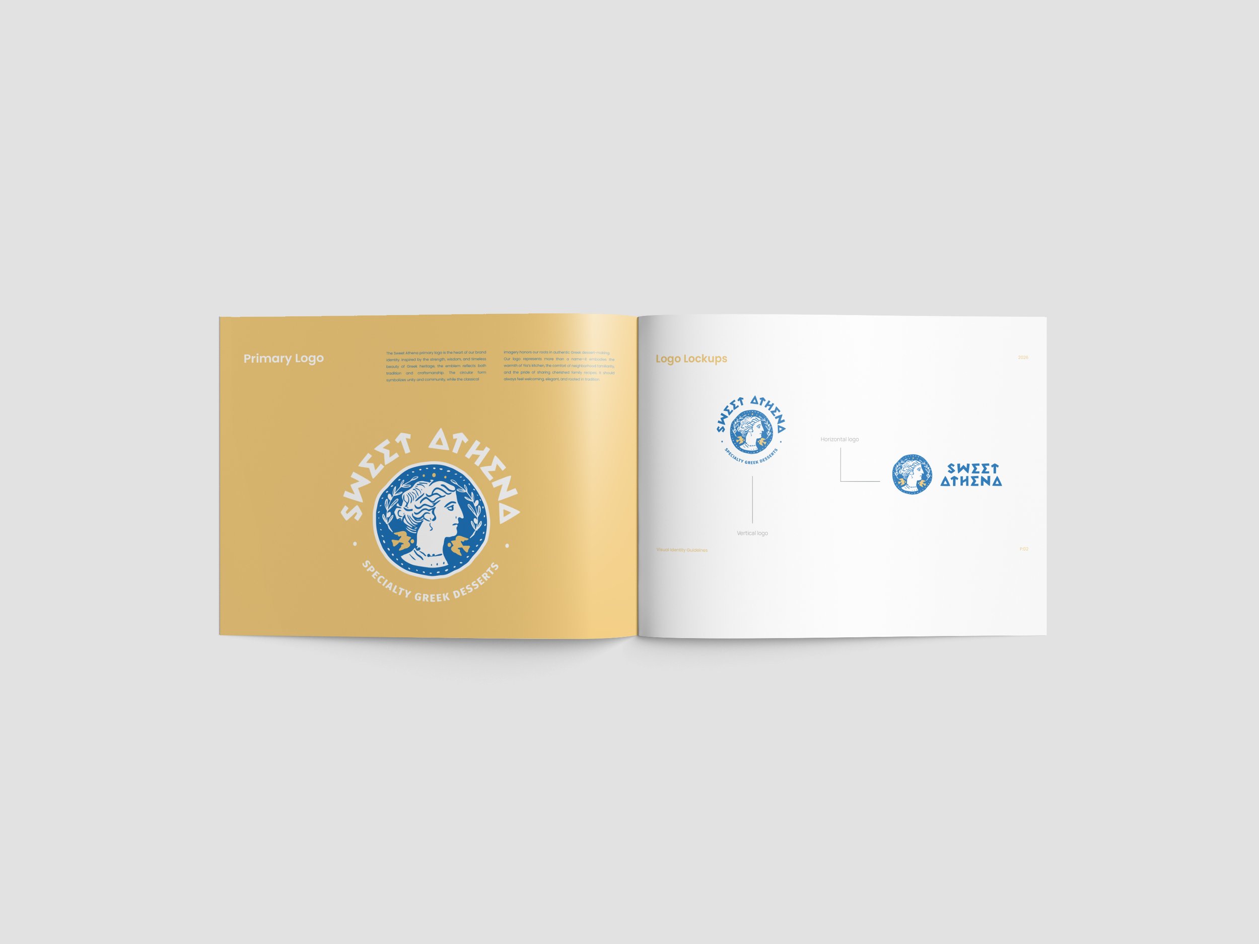 Open branding guide showcasing the logo for 'Sweet Athens'. The left page displays a large gold background with a white and blue circular logo featuring a profile of a woman's head and the text 'Sweet Athens'. The right page shows logo variations wit