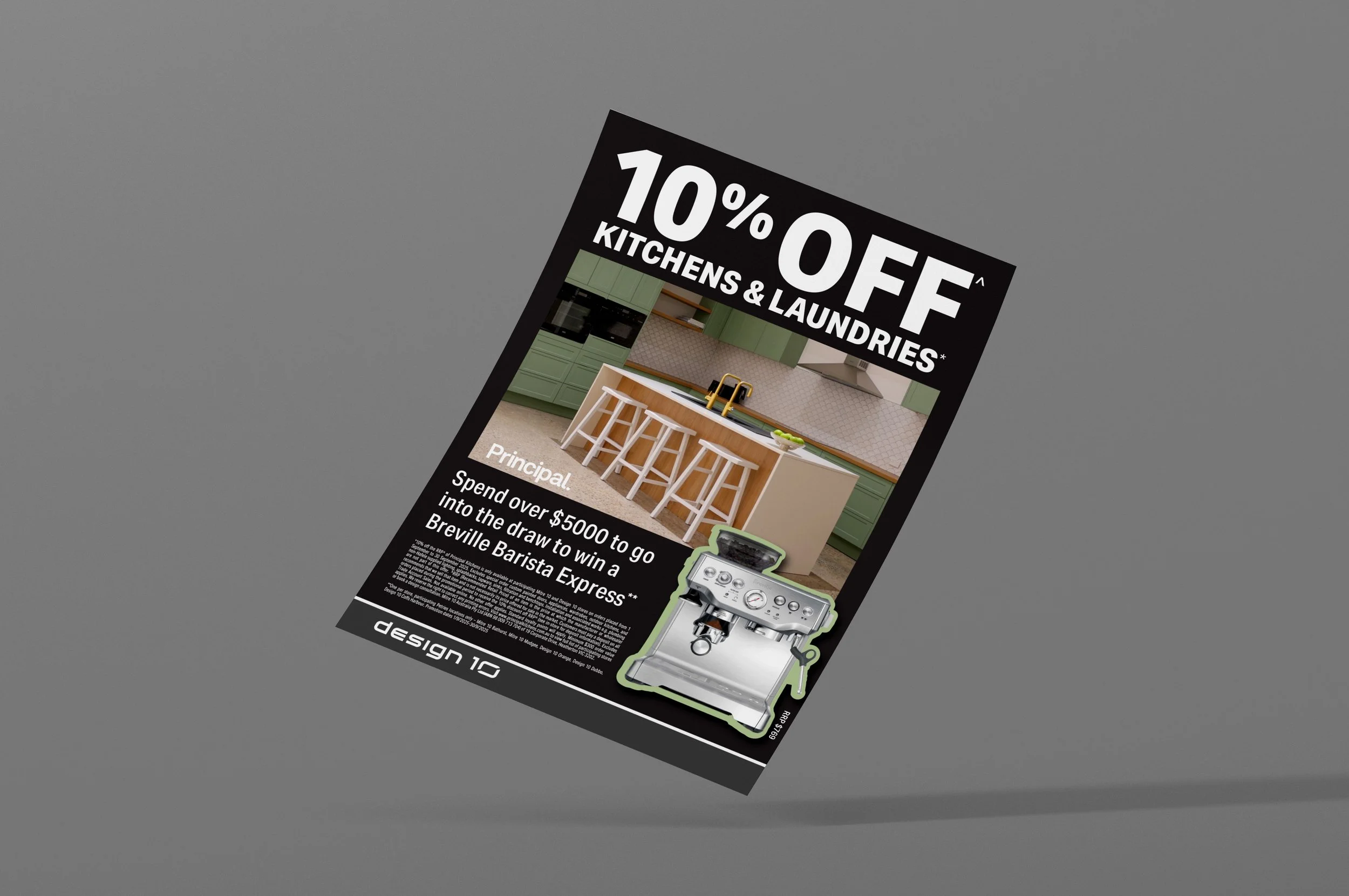 Flyer offering 10% off kitchen and laundry appliances with a picture of a modern kitchen and a coffee machine.