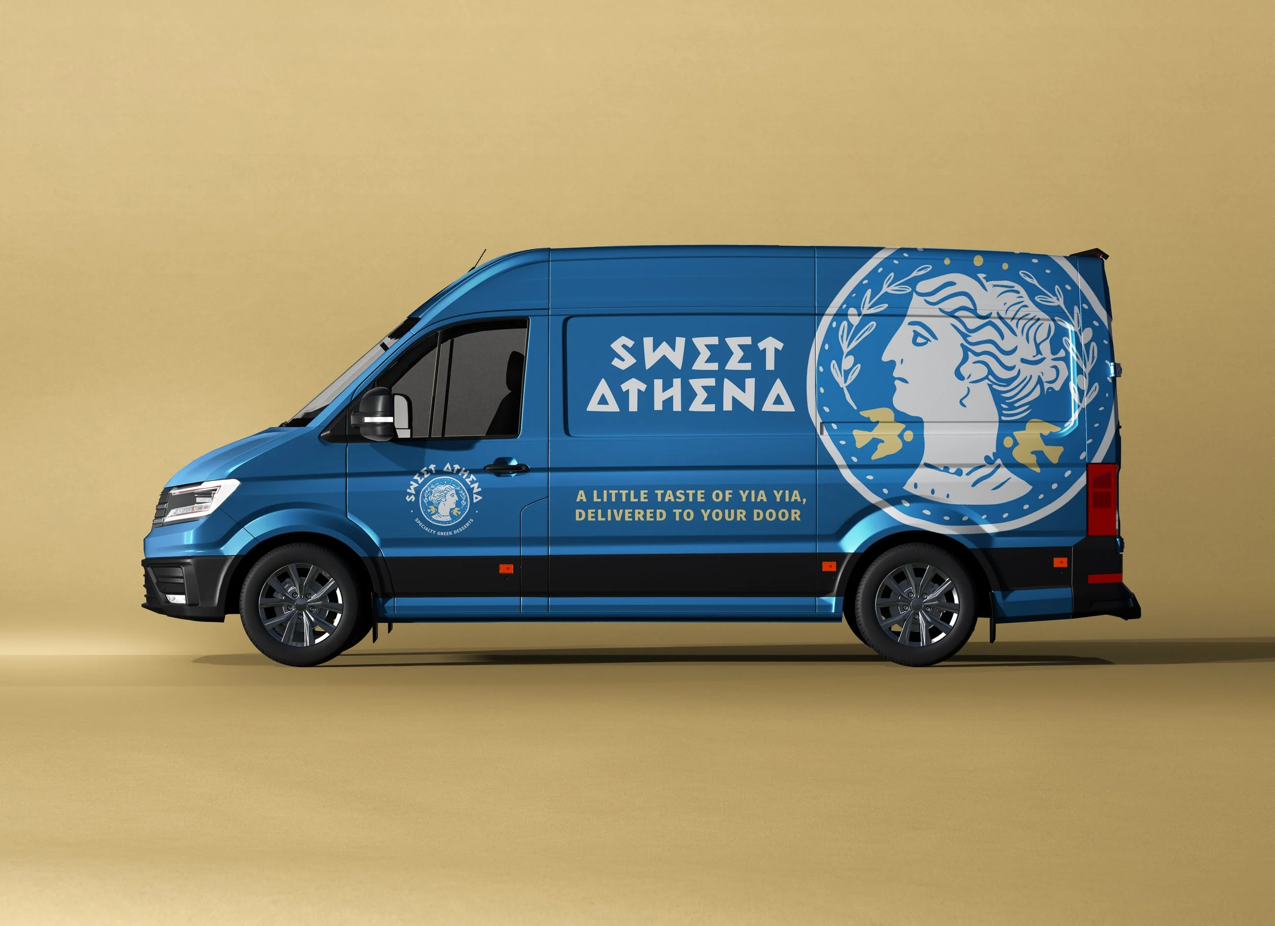Blue delivery van with branding for Sweet Athena, featuring a Greek goddess profile and text 'A little taste of Yia Yia, delivered to your door' against a beige background.