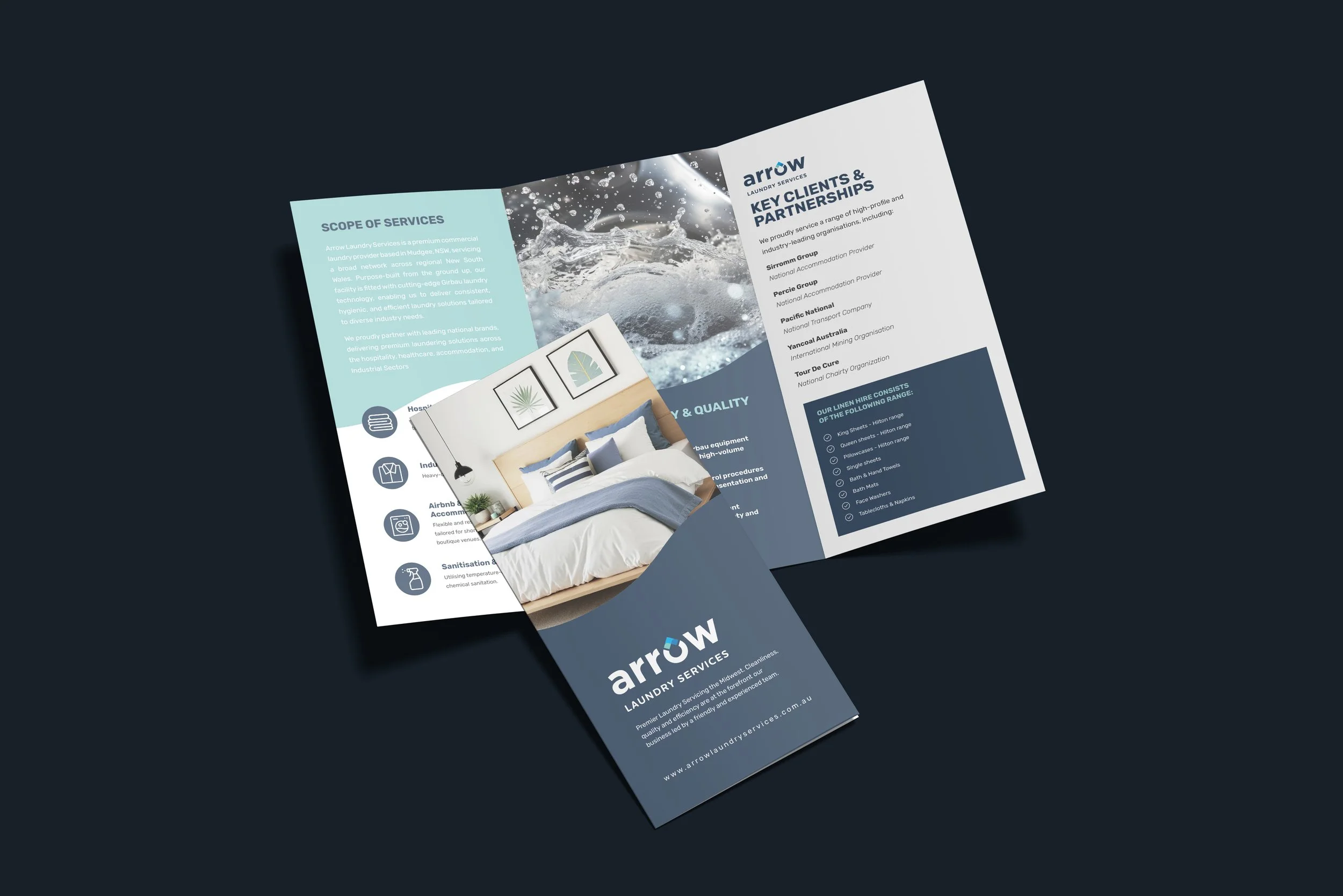Tri-fold brochure for Arrow Laundry Services featuring blue and white design with an image of a bed and interior decor, and information about services and key clients.