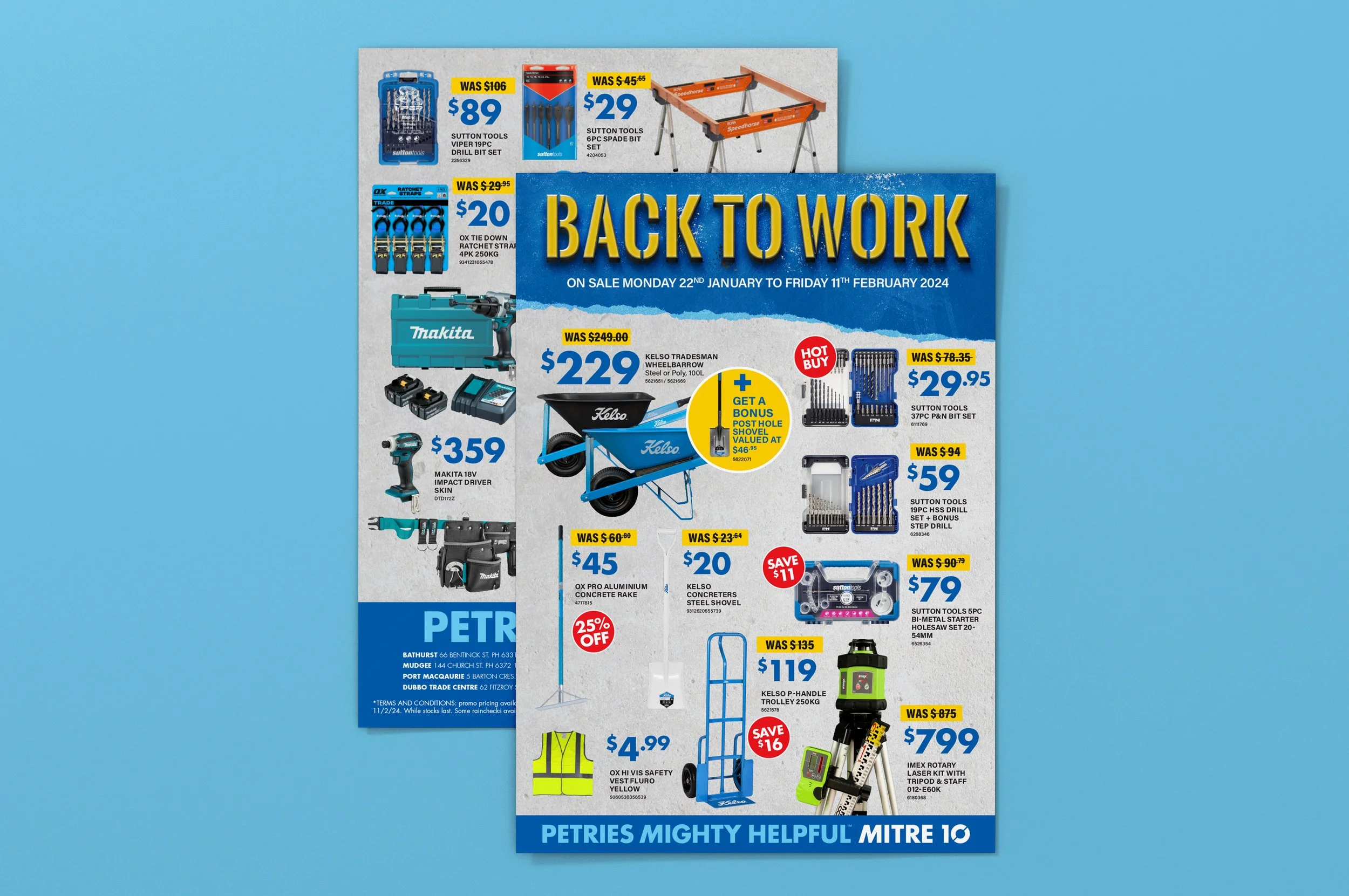Blue and yellow back to work sale flyer for PETRIES store, featuring tools, a wheelbarrow, a drill, a saw, and other hardware items, with prices and discounts listed.