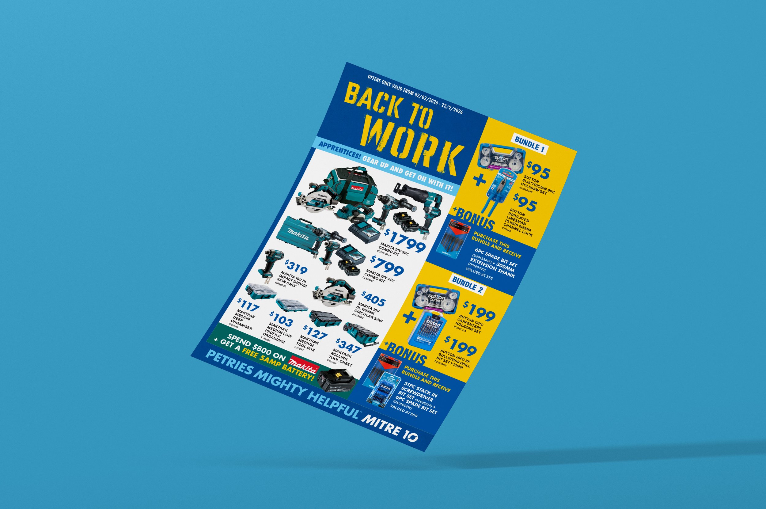 A promotional flyer for a back-to-work sale on power tools and accessories, featuring various Makita brand tools and bundles with prices, and bonus offers on additional items.