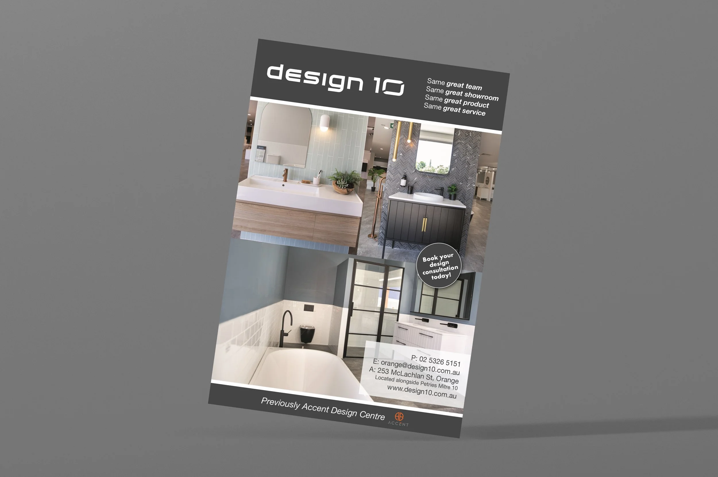 Design 10 brochure showcasing modern bathroom interior designs, including vanities, sinks, and fixtures, with contact details and booking information for a design consultation.