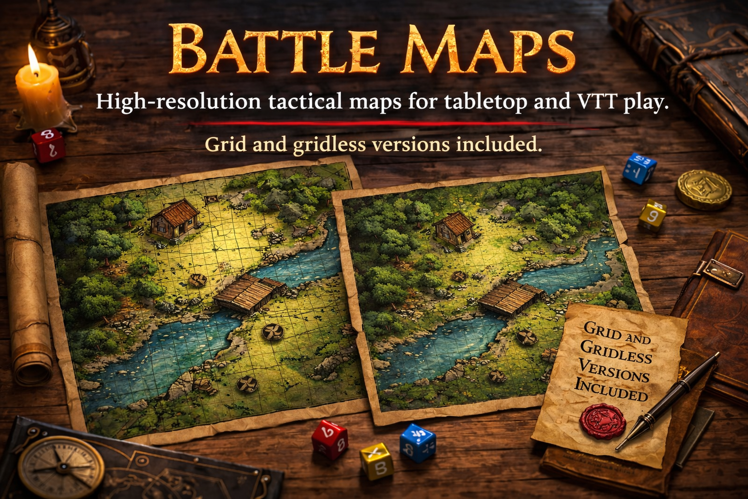Battle Maps
High-resolution tactical maps for tabletop and VTT play.
Grid and gridless versions included.