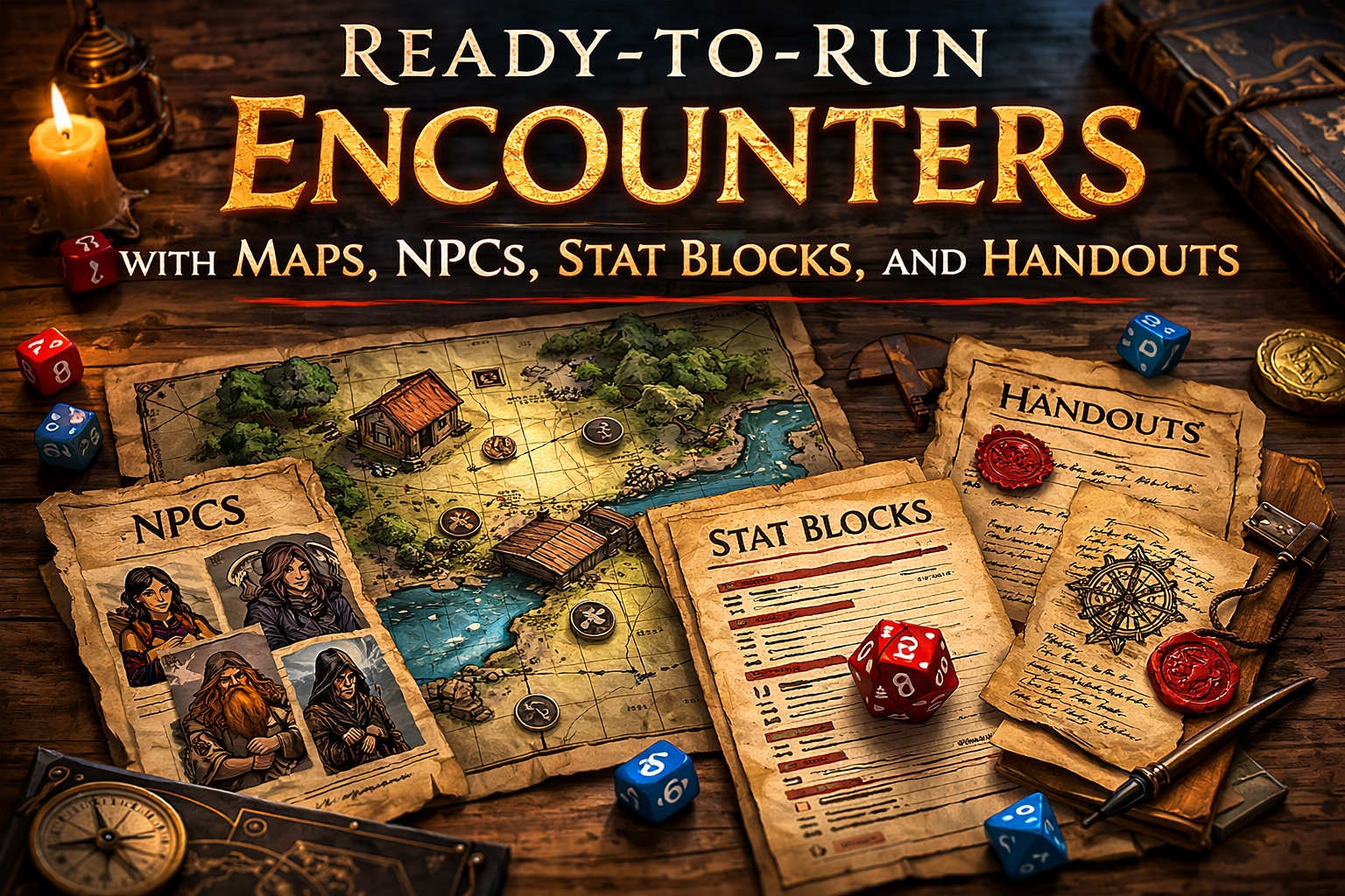 GM Kits
Ready-to-run encounters with maps, NPCs, stat blocks, and handouts.