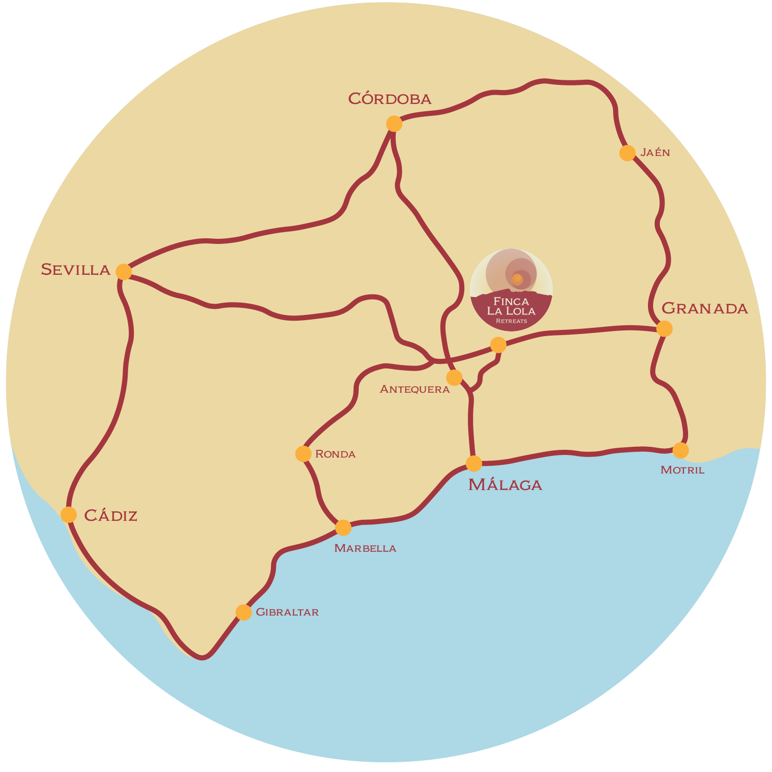 Map of southern Spain showing cities and train routes, with a central logo for Finca La Lola Retreats.