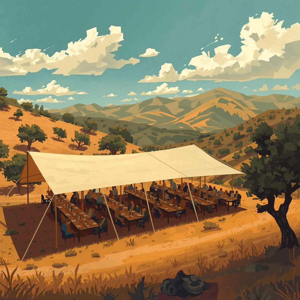 An outdoor gathering with people seated at long tables under a large white tent on a hillside. The landscape features rolling hills with scattered trees under a partly cloudy sky.