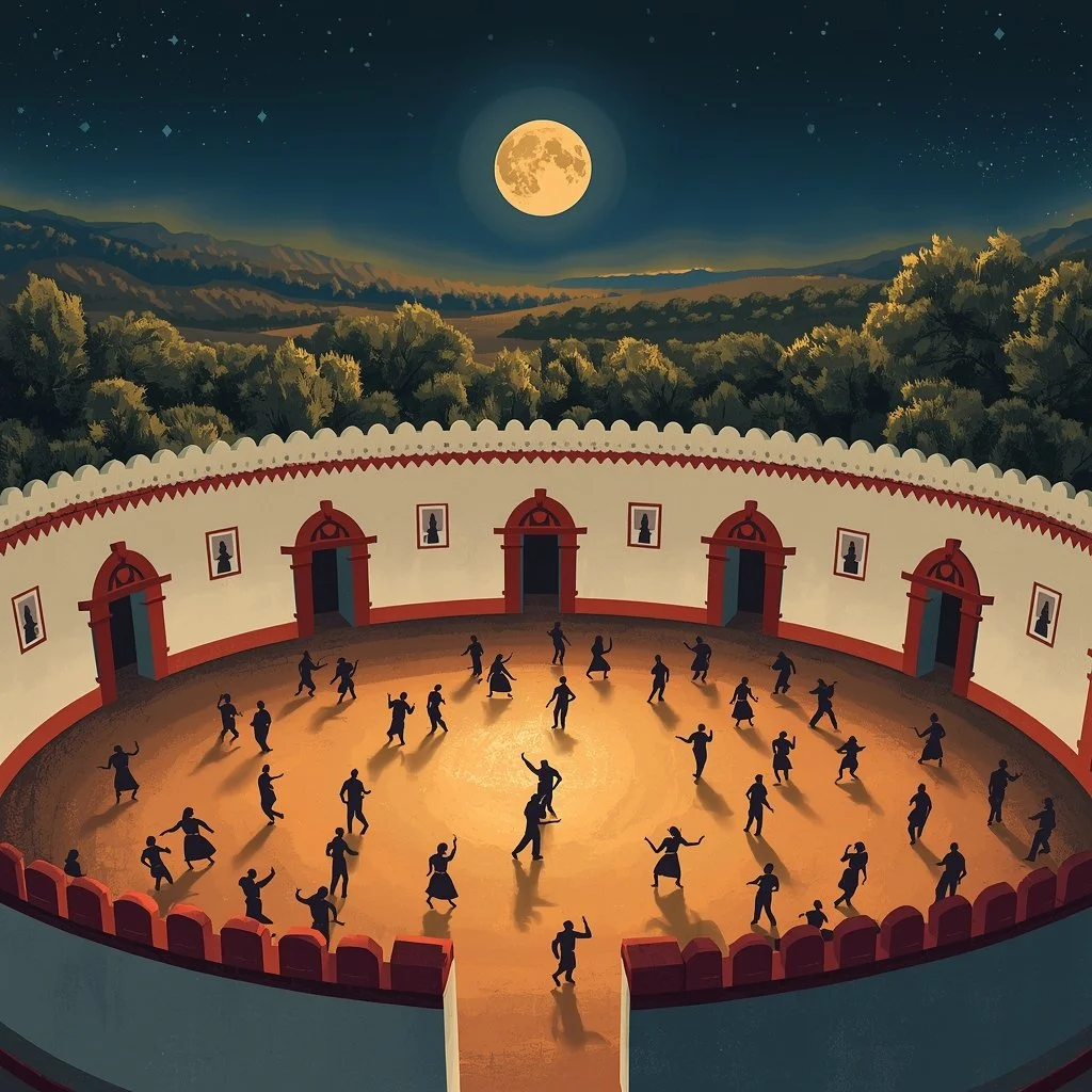 People dancing in a traditional Mexican dance ring under a full moon, surrounded by scenic mountains and trees.