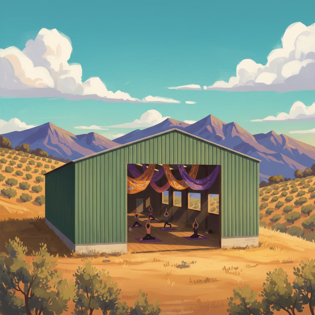 A group of people practicing yoga inside a green metal barn converted into an indoor yoga studio, with mountain range and desert landscape in the background.