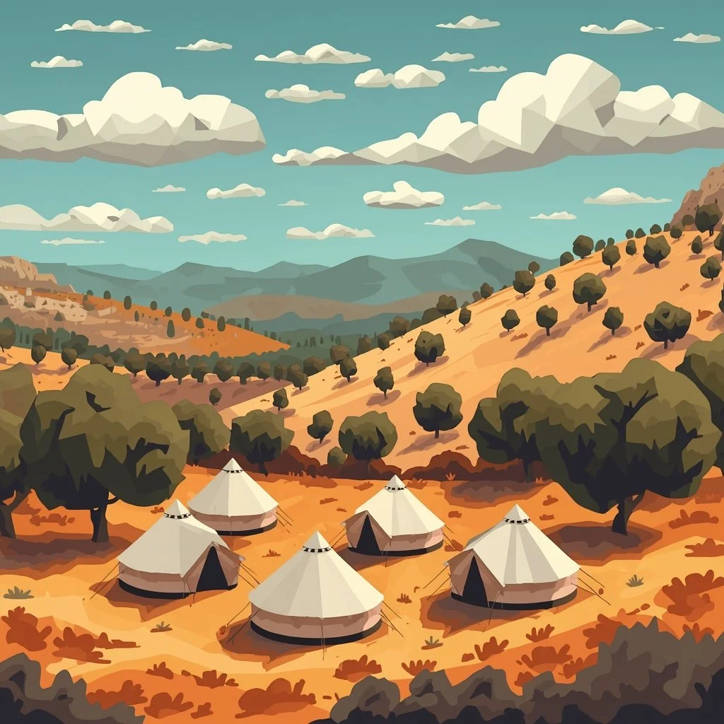 Digital illustration of an outdoor encampment with five beige tents on a hillside surrounded by trees, with mountains and a partly cloudy sky in the background.