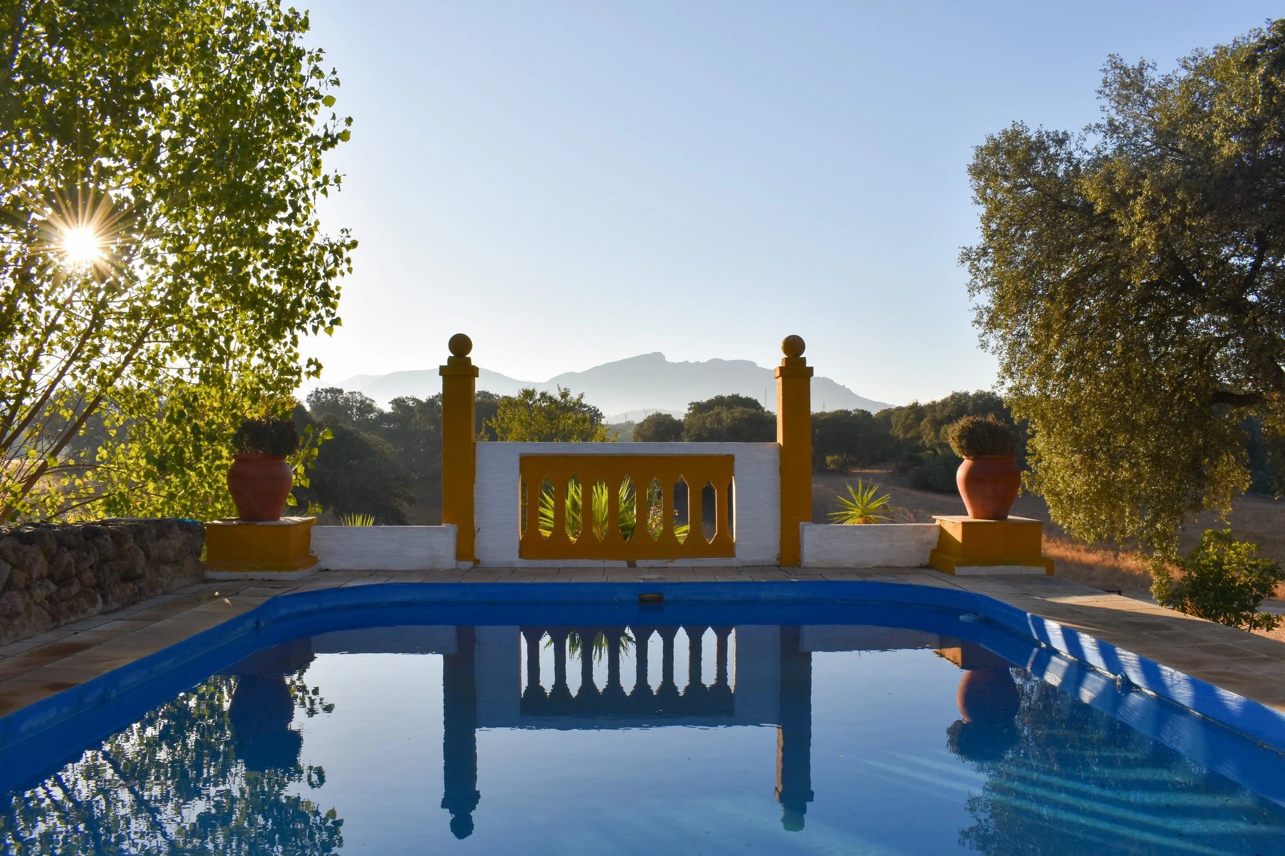 A swimming pool in a rural landscape with mountains in the background. The pool's reflection is visible in the water, and there are two large potted plants on white and yellow decorative walls on either side. Sunlight filters through trees, creating a sunny, peaceful scene.
