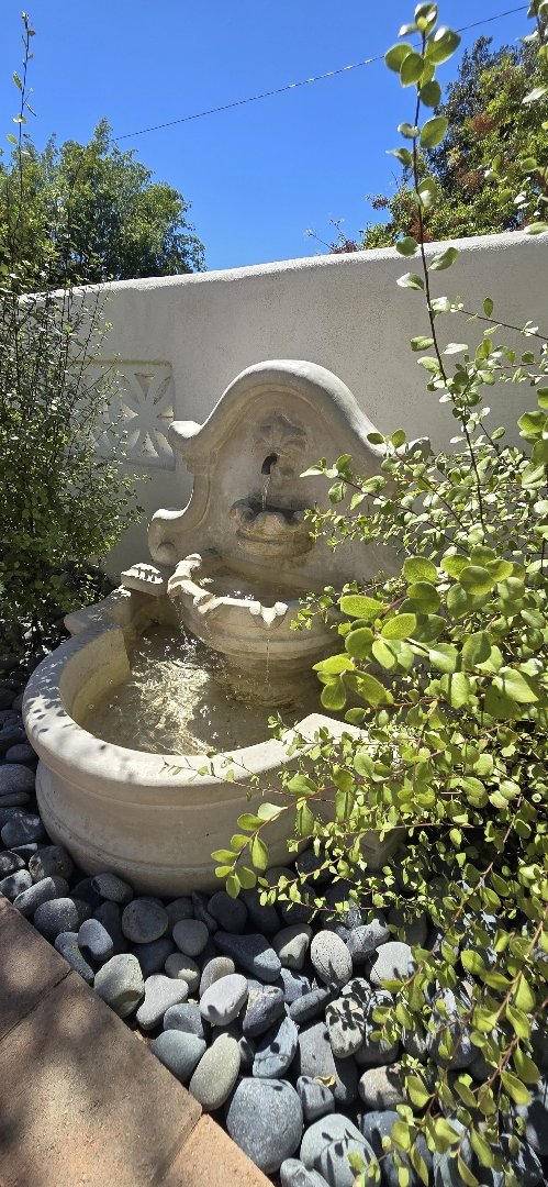 drought tolerant landscape in Los Angeles with fountain