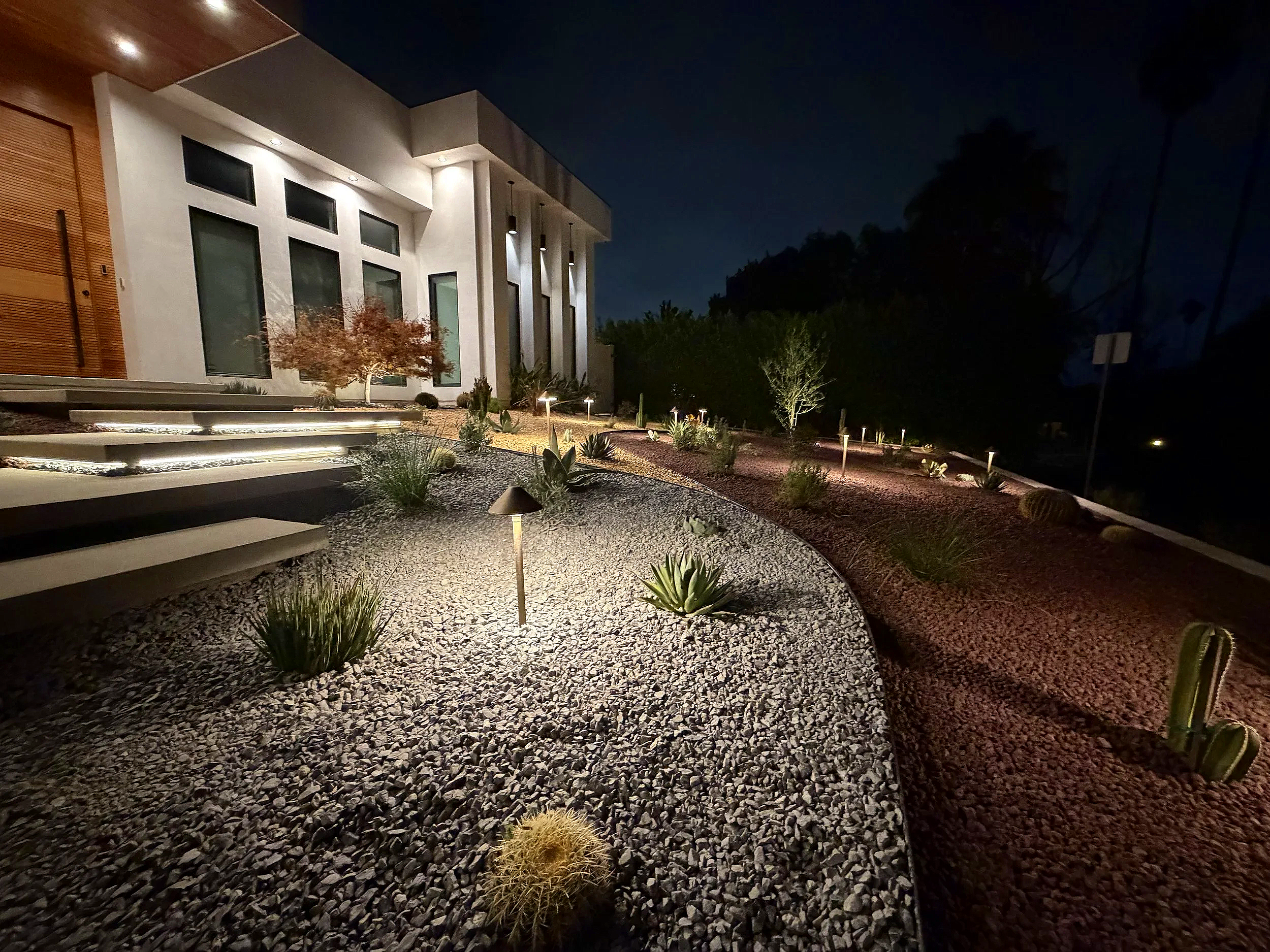 modern drought tolerant landscape design in Los Angeles with lighting