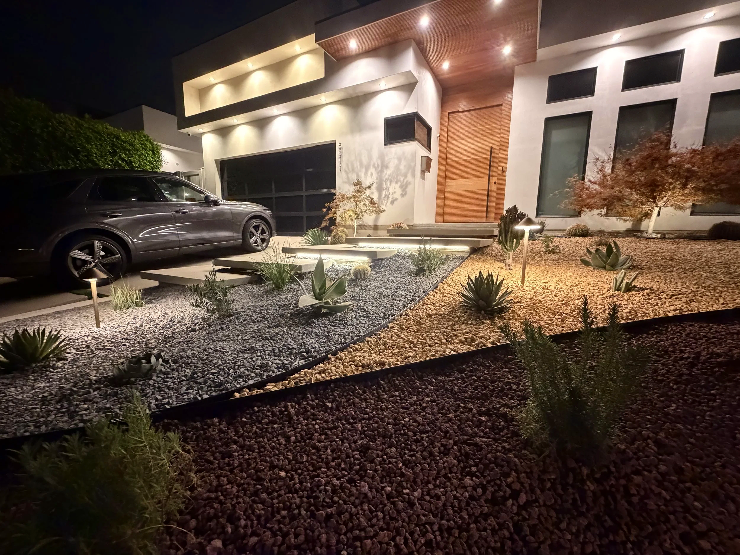 modern drought tolerant landscape design in Los Angeles with LED lights