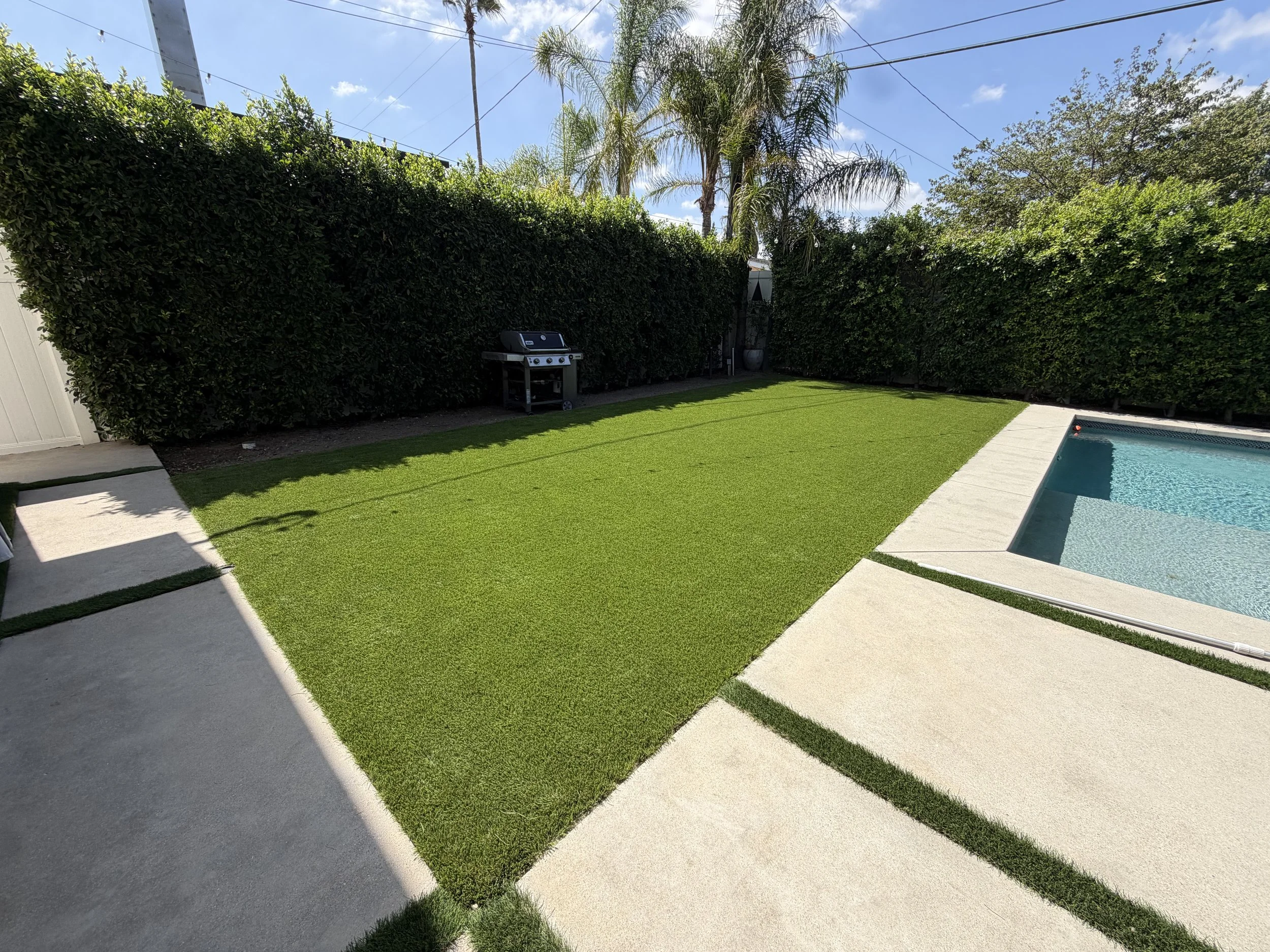 drought tolerant landscape design in Los Angeles with artificial turf and pool
