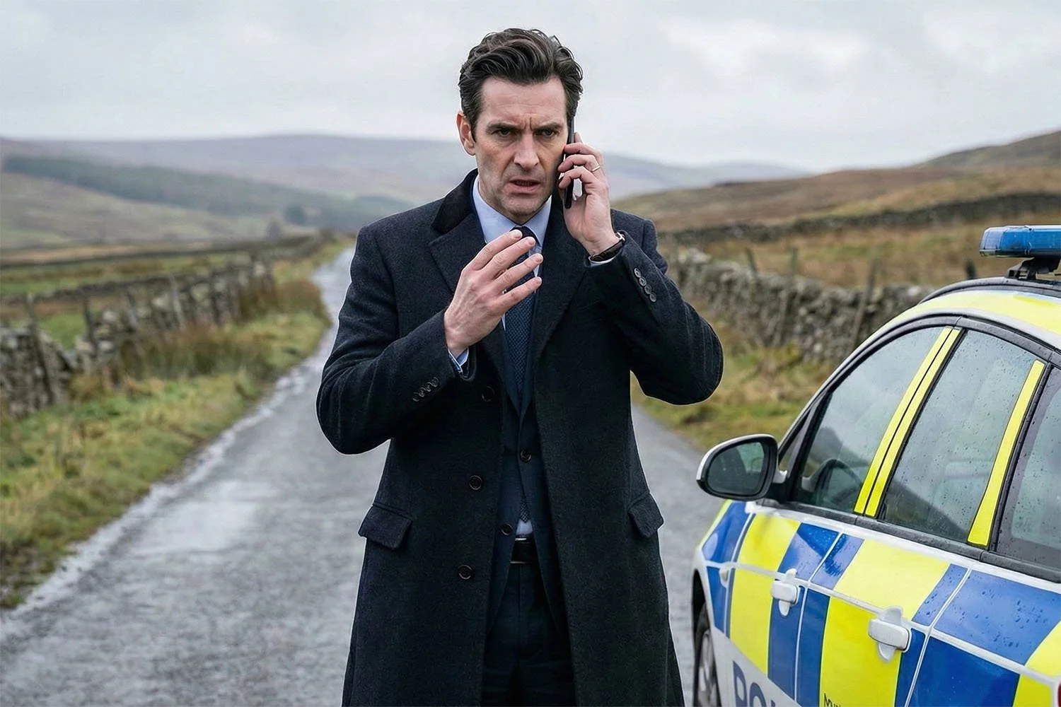 A man in a black coat talking on a cellphone next to a police car on a rural road with a stone wall and rolling hills in the background.