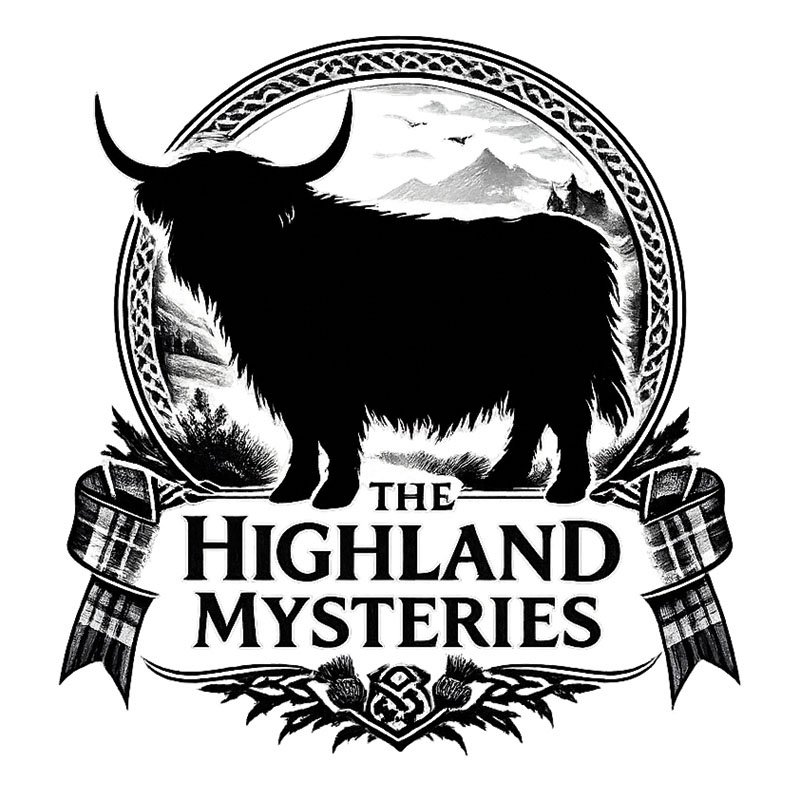 Silhouette of a Highland cow with mountains and clouds in the background, encircled by decorative border, with text 'The Highland Mysteries' below.