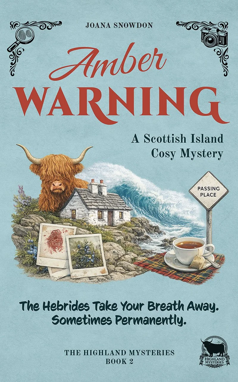 Book cover titled 'Amber Warning' by Joana Snowdon, part of 'The Highland Mysteries' series. It features a Scottish Highland landscape with a Highland cow, seaside house, polaroid photos, a sign saying 'Passing Place', and a tea cup on a tartan cloth, with the subtitle "The Hebrides Take Your Breath Away. Sometimes Permanently."