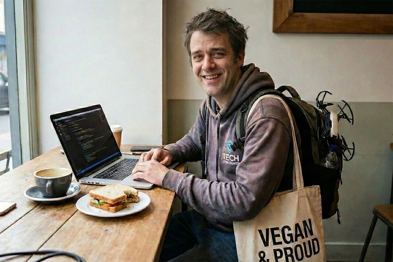A young man with a backpack sitting at a wooden table in a coffee shop, working on his laptop, wearing a gray hoodie with a tech logo, smiling, with a sandwich, coffee, and a tote bag that says 'Vegan & Proud' on the table.