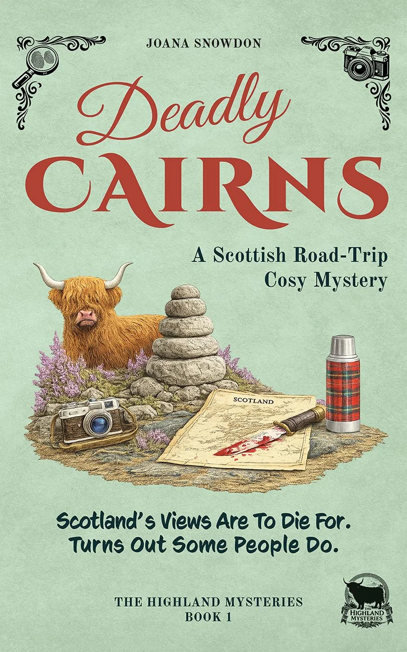 Book cover titled "Deadly Cairns" by Joana Snowdon, featuring Scottish-themed items like a Highland cow, an iron cairn, a map labeled "Scotland," a thermos with tartan pattern, a camera, a flashlight, a blood-stained knife, and a disposable camera, with the subtitle "A Scottish Road-Trip Cosy Mystery" and the phrase "Scotland's Views Are To Die For. Turns Out Some People Do."