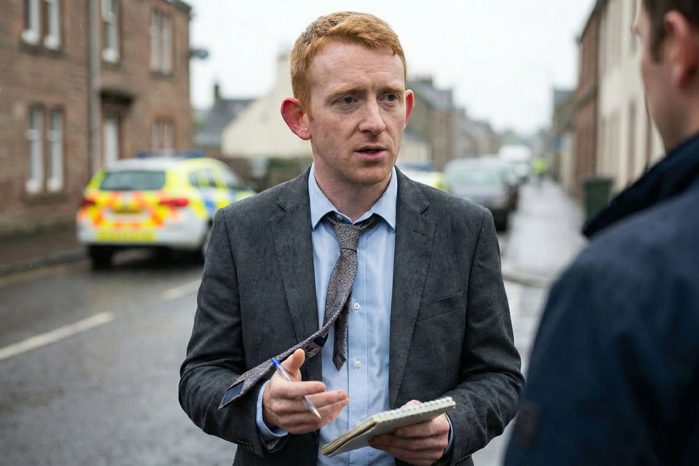 A man with reddish hair and wearing a suit jacket, with a shirt and loosened tie, holding a notepad and pen, speaking to another person. The setting is outdoors on a rainy day, with police cars and buildings in the background.