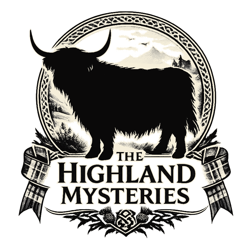 Silhouette of a Highland cow in front of a circular background with mountains and trees, surrounded by a Celtic-style border, with ribbon banners and the text 'The Highland Mysteries' at the bottom.