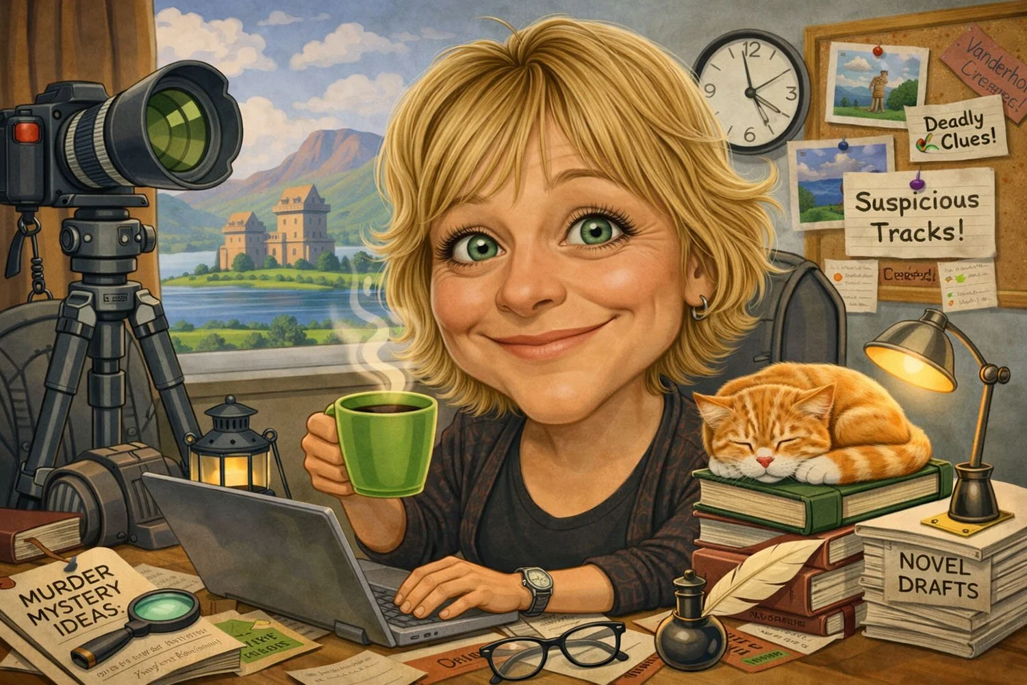 An animated woman with blonde hair and green eyes sits at a cluttered desk, holding a steaming coffee mug. A sleeping orange tabby cat lies on books to her right. The desk has papers, a laptop, lamp, glasses, and a magnifying glass. Behind her, a window shows a river, mountains, and castles. There's a camera on a tripod, and a corkboard with notes and photos, including signs reading 'Suspicious Tracks!' and 'Deadly Clues!'